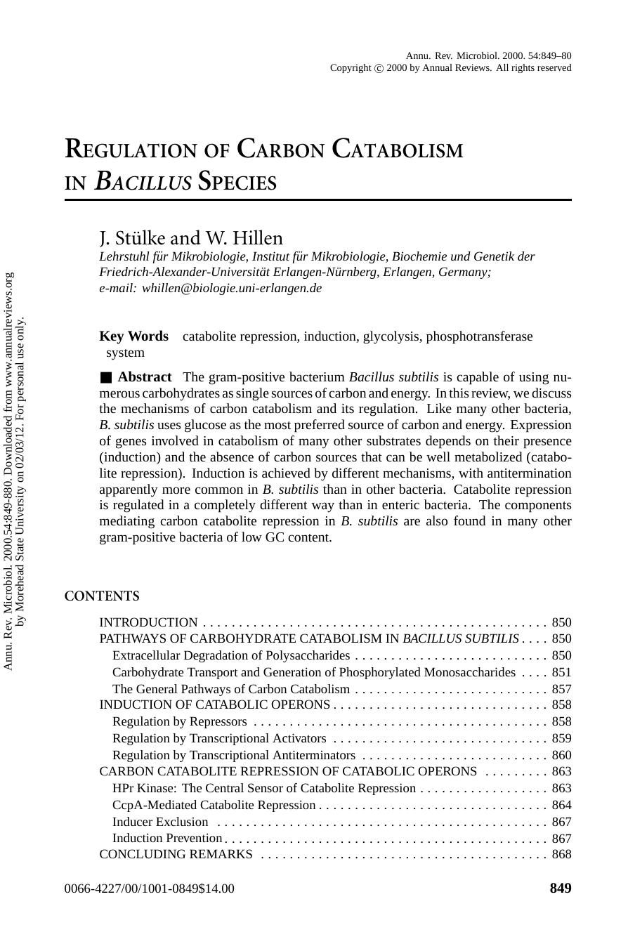 REGULATION OF CARBON CATABOLISM IN BACILLUS SPECIES by J. Stülke & W. Hillen