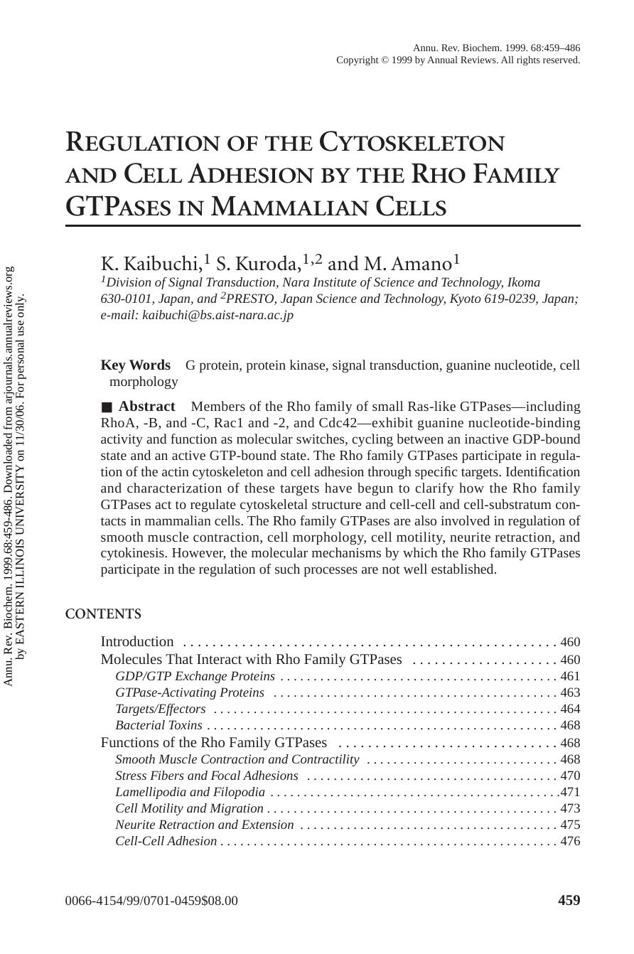 REGULATION OF THE CYTOSKELETON AND CELL ADHESION BY THE RHO FAMILY GTPASES IN MAMMALIAN CELLS by K. Kaibuchi 1 S. Kuroda 1 2 & M. Amano1