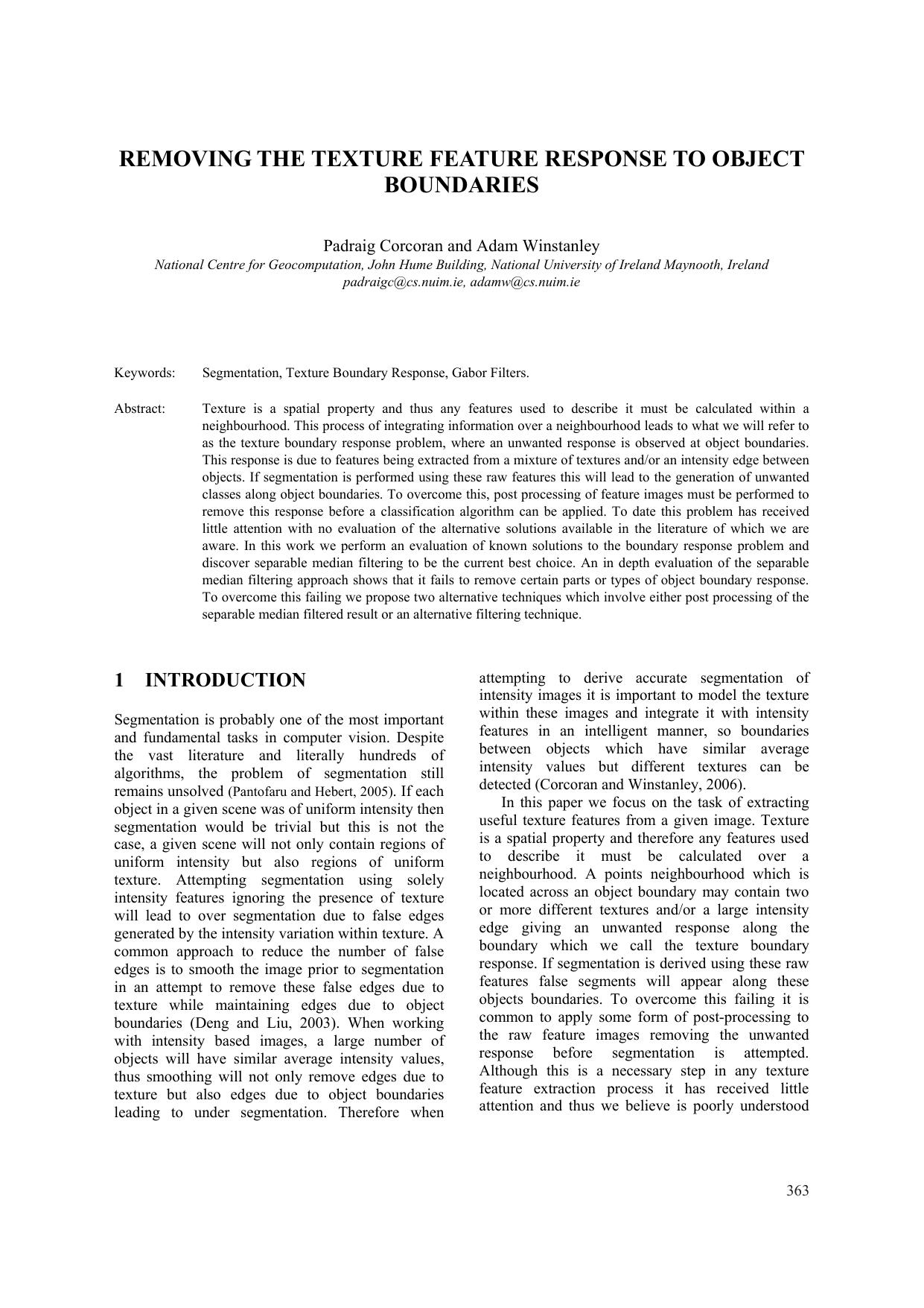 REMOVING THE TEXTURE FEATURE RESPONSE TO OBJECT BOUNDARIES by Padraig Corcoran & Adam Winstanley