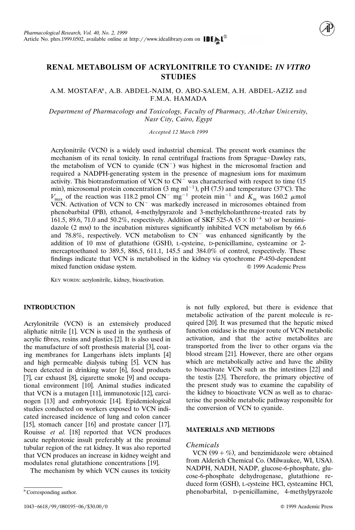 RENAL MATABOLISM OF ACRYLONITRILE TO CYANIDE: IN VITRO STUDIES by MOSTAFA A.M. et al