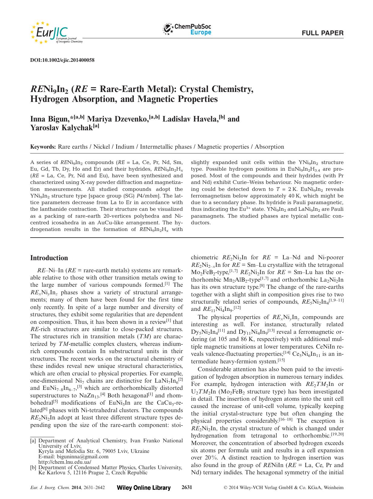 RENi9In2 (RE = RareEarth Metal): Crystal Chemistry, Hydrogen Absorption, and Magnetic Properties by Unknown