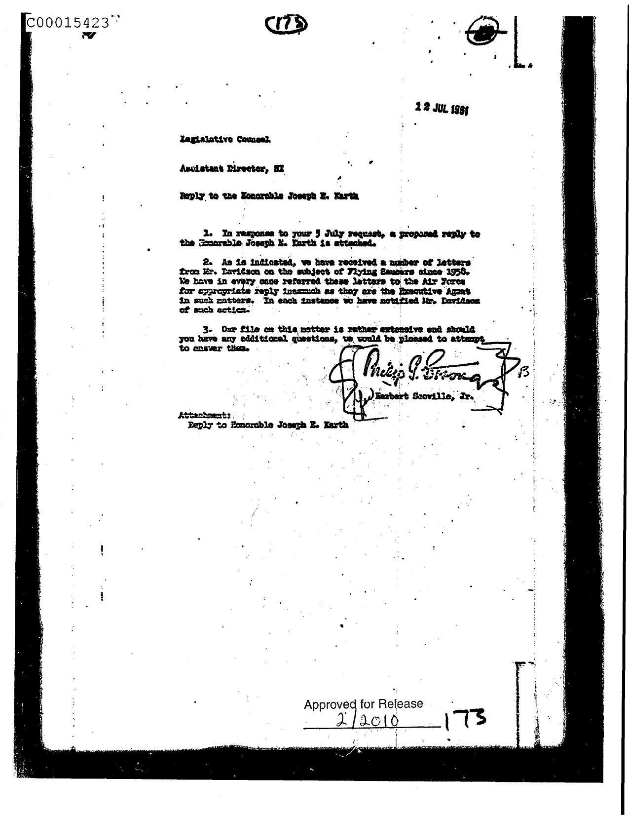 REPLY TO THE HONORABLE JOSEPH E. KARTH (WITH LETTER TO JOSEPH KARTH DATED 610713 ATTACHED) by Unknown