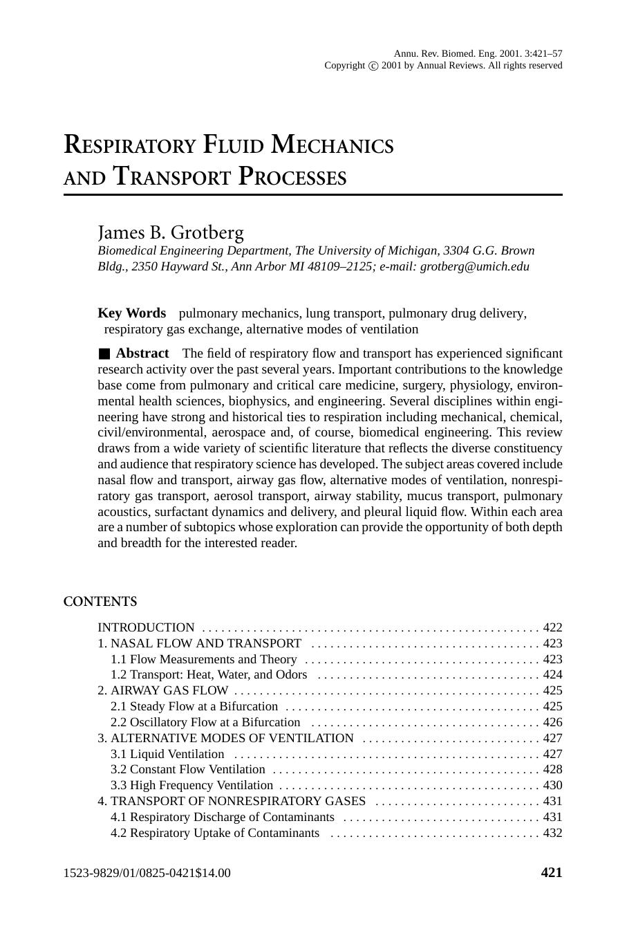 RESPIRATORY FLUID MECHANICS AND TRANSPORT PROCESSES by James B. Grotberg