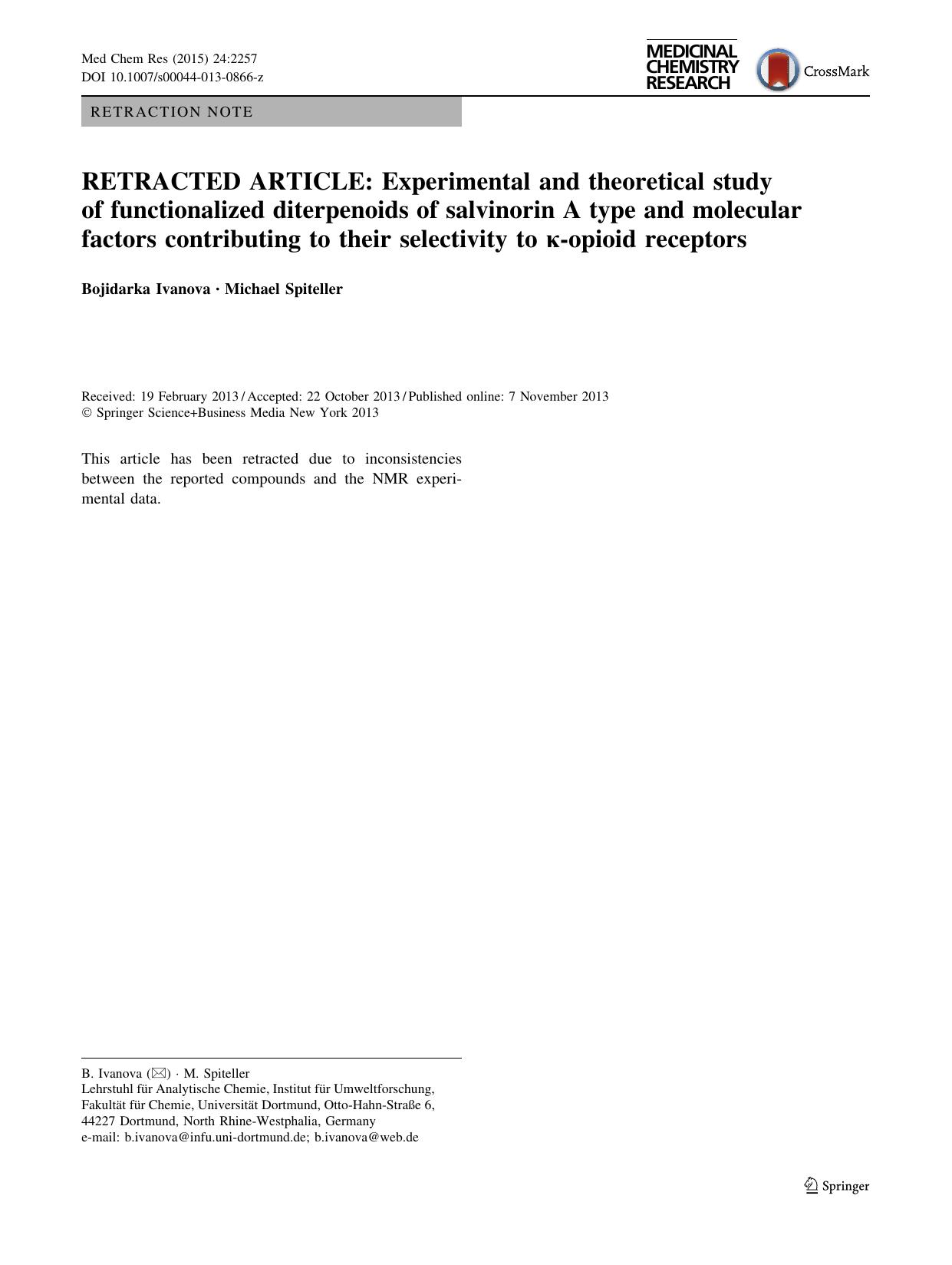 RETRACTED ARTICLE: Experimental and theoretical study of functionalized diterpenoids of salvinorin A type and molecular factors contributing to their selectivity to Îº-opioid receptors by Bojidarka Ivanova & Michael Spiteller