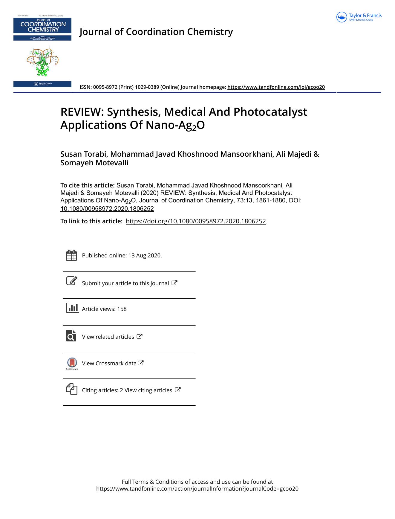 REVIEW: Synthesis, Medical And Photocatalyst Applications Of Nano-Ag2O by Torabi Susan & Mansoorkhani Mohammad Javad Khoshnood & Majedi Ali & Motevalli Somayeh