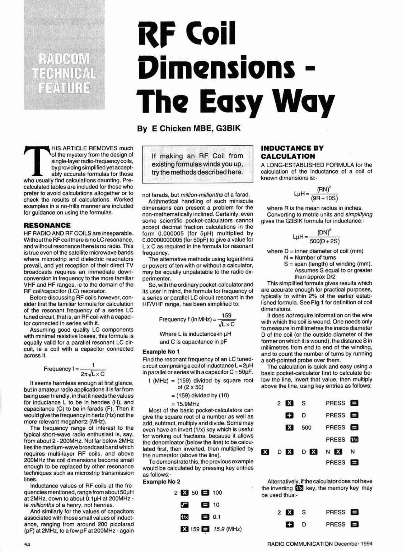 RF Coil Dimensions - The Easy Way by G3BIK
