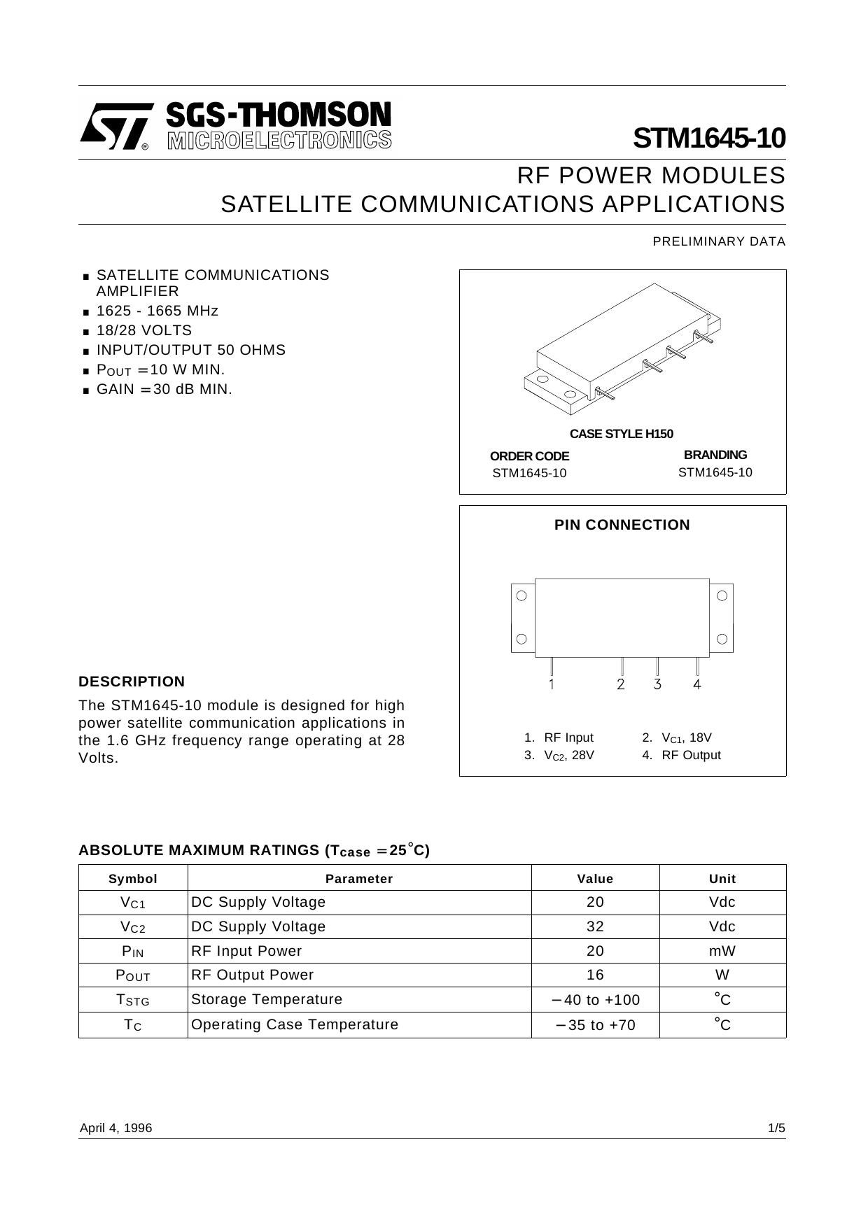 RF POWER MODULE SATELLITE COMMUNICATIONS APPLICATIONS by STMicroelectronics