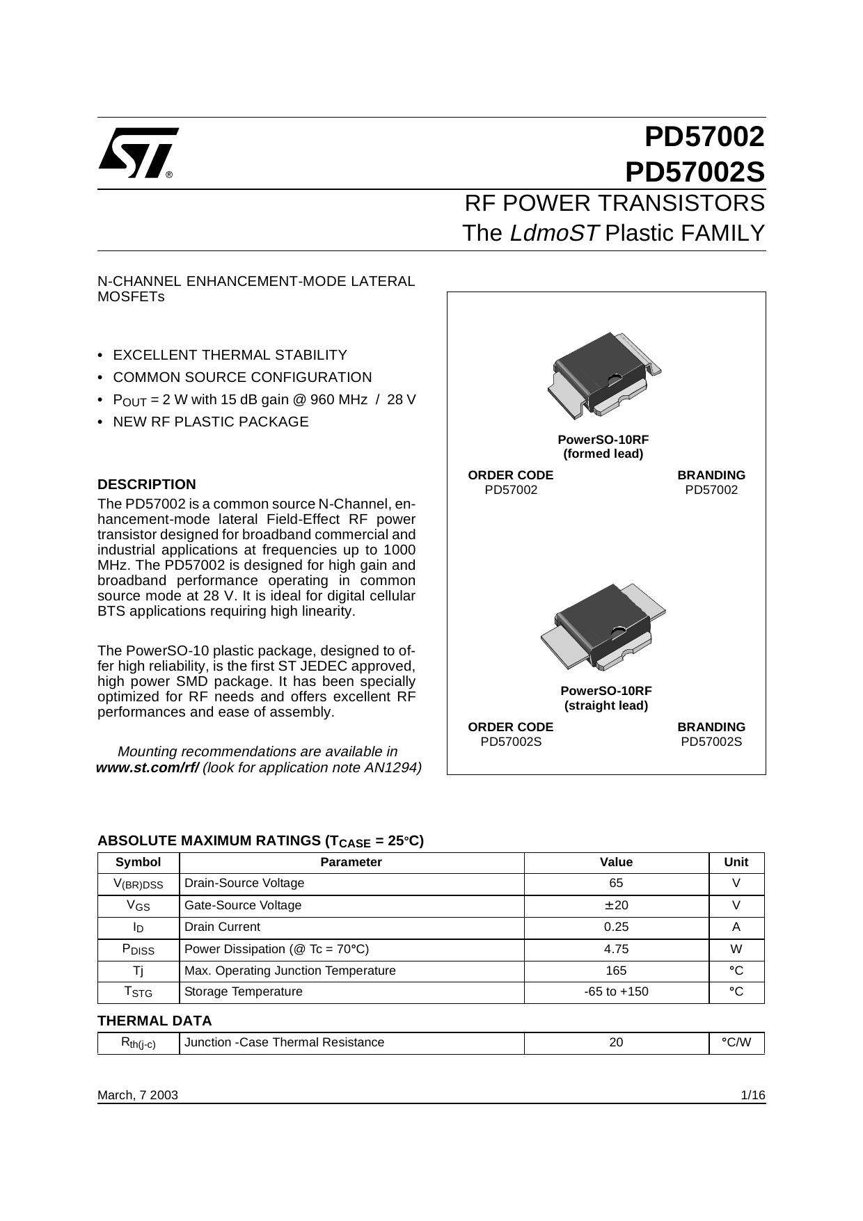 RF POWER TRANSISTORS THE LDMOST PLASTIC FAMILY by STMicroelectronics