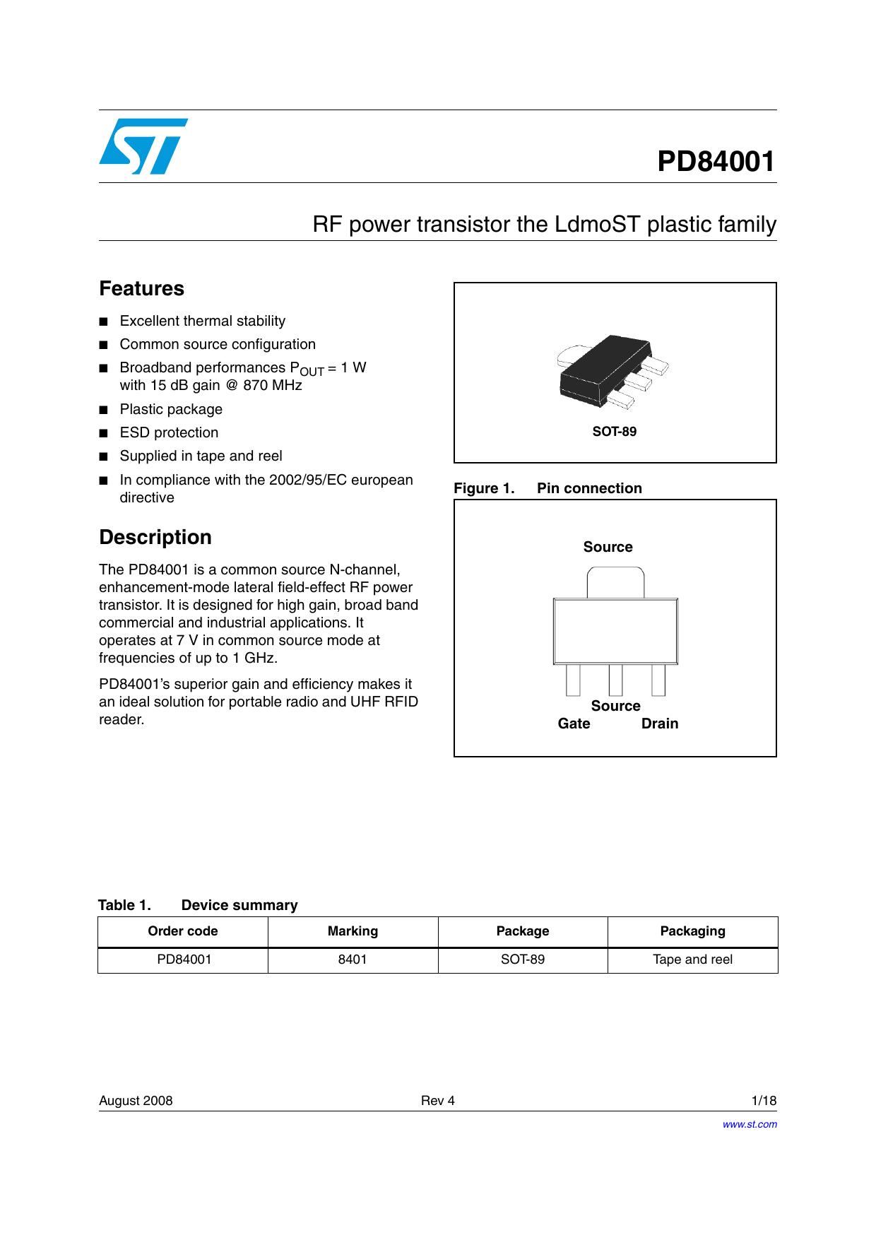 RF power transistor the LdmoST plastic family by STMICROELECTRONICS