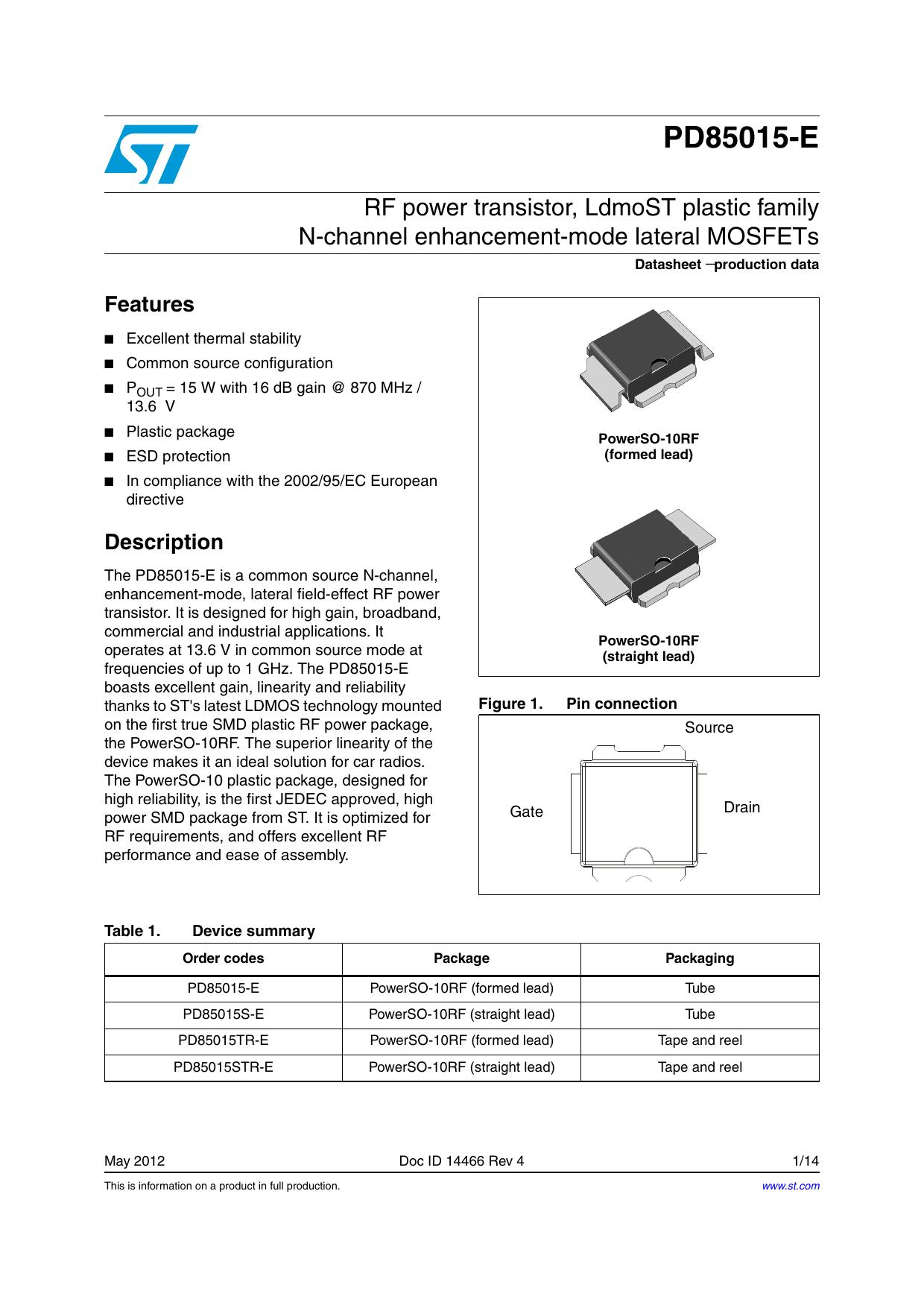 RF power transistor, LdmoST plastic family N-channel enhancement-mode lateral MOSFETs by STMICROELECTRONICS