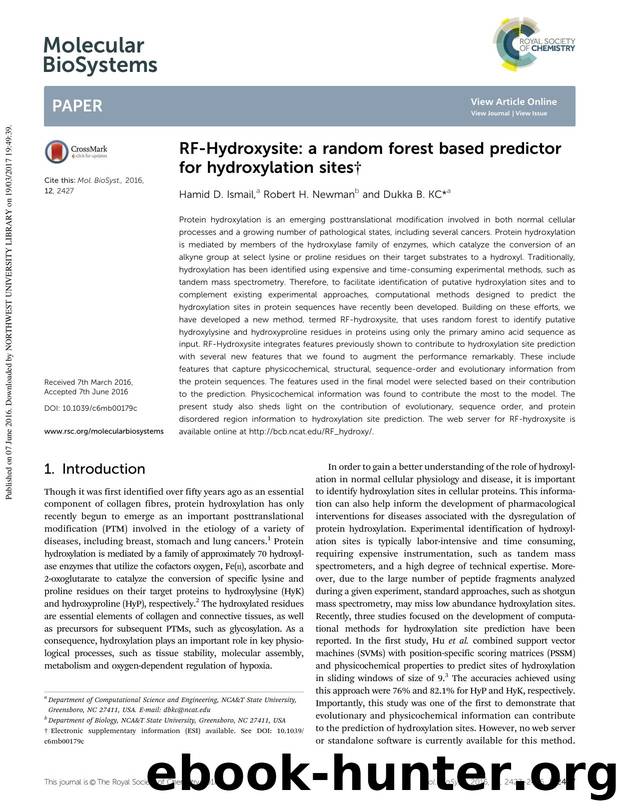 RF-Hydroxysite: a random forest based predictor for hydroxylation sites by Hamid D. Ismail & Robert H. Newman & Dukka B. KC