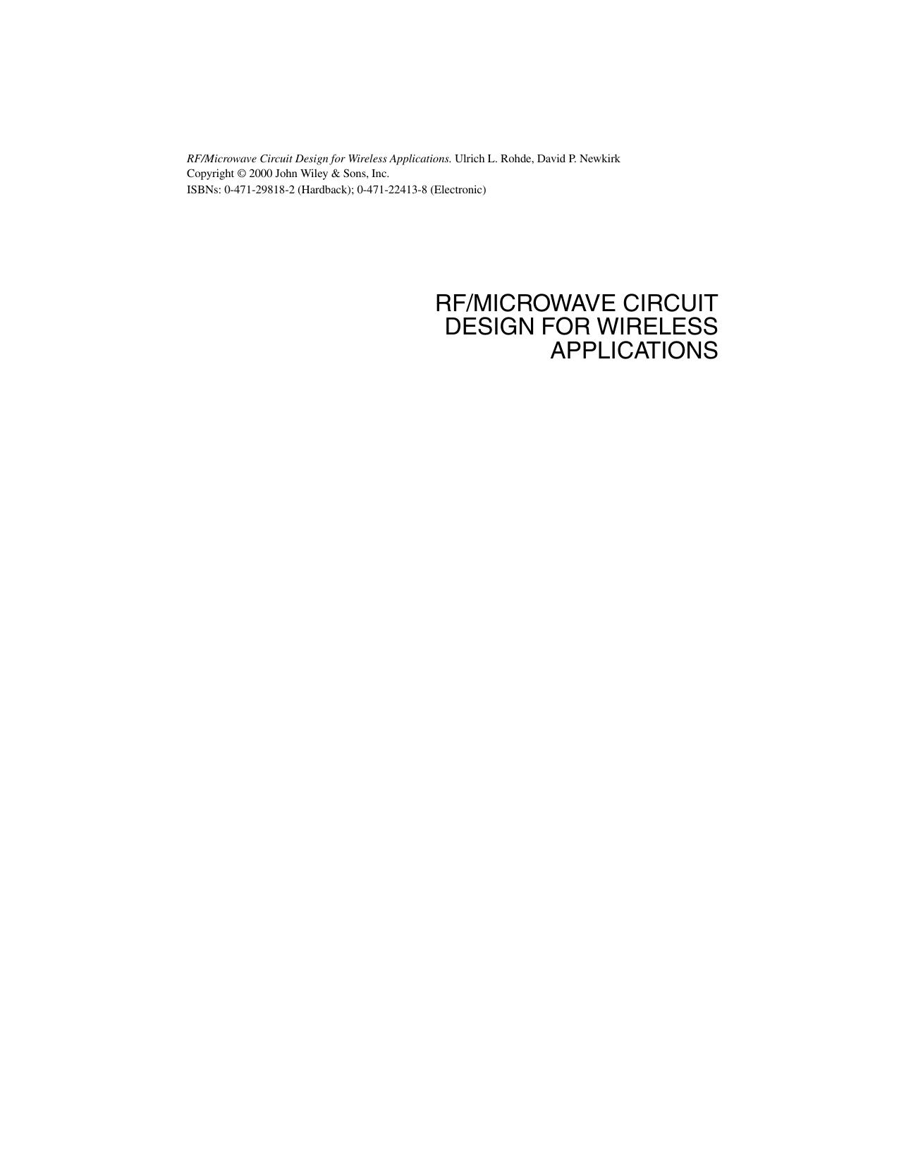 RF/Microwave Circuit Design for Wireless Applications by Ulrich L. Rohde David P. Newkirk