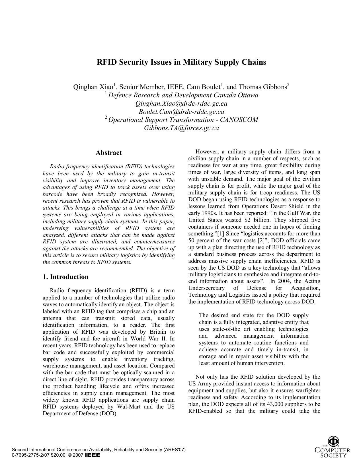 RFID Security Issues in Military Supply Chains by Unknown