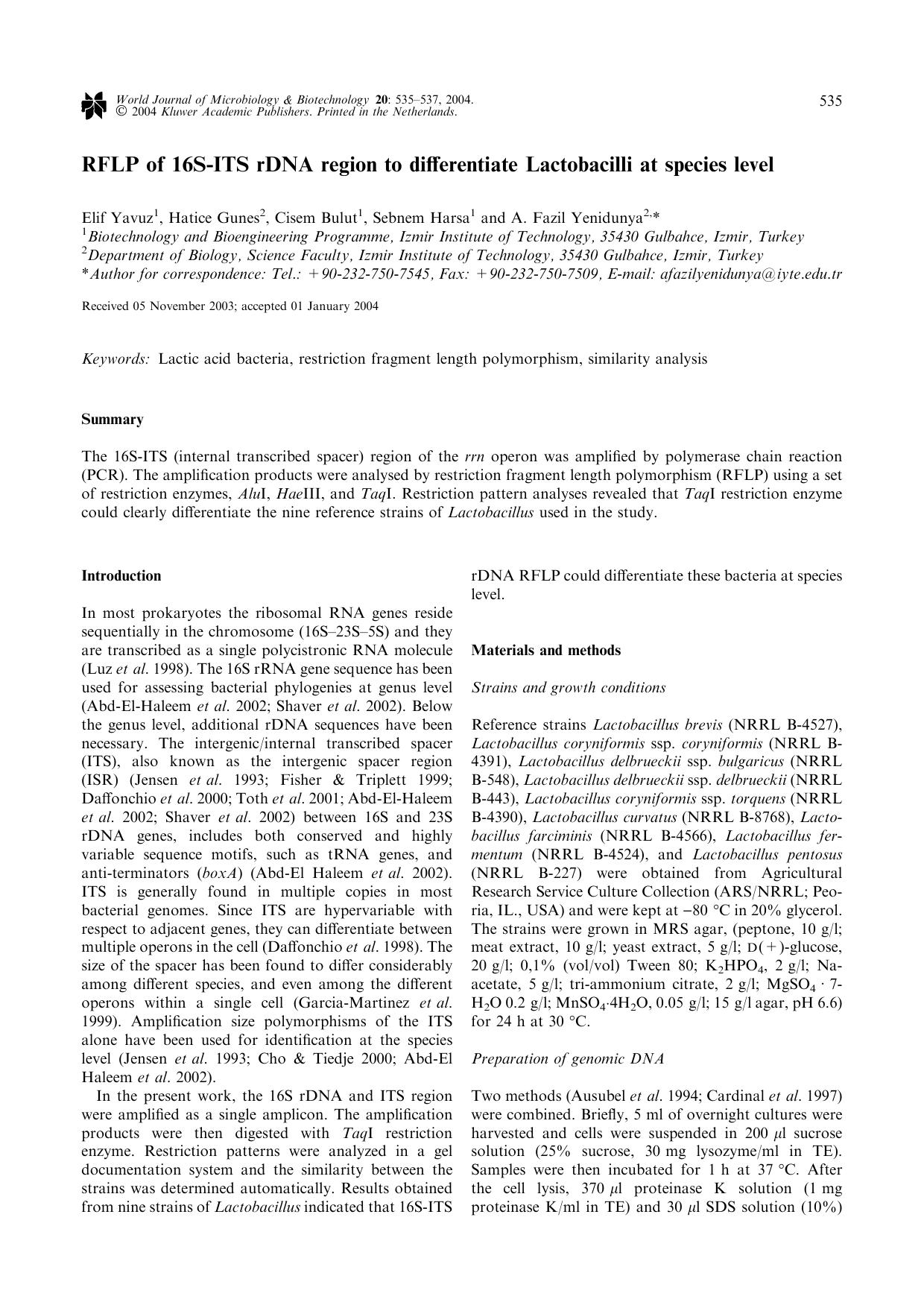 RFLP of 16S-ITSrDNA Region to Differentiate Lactobacilli at Species Level by Unknown