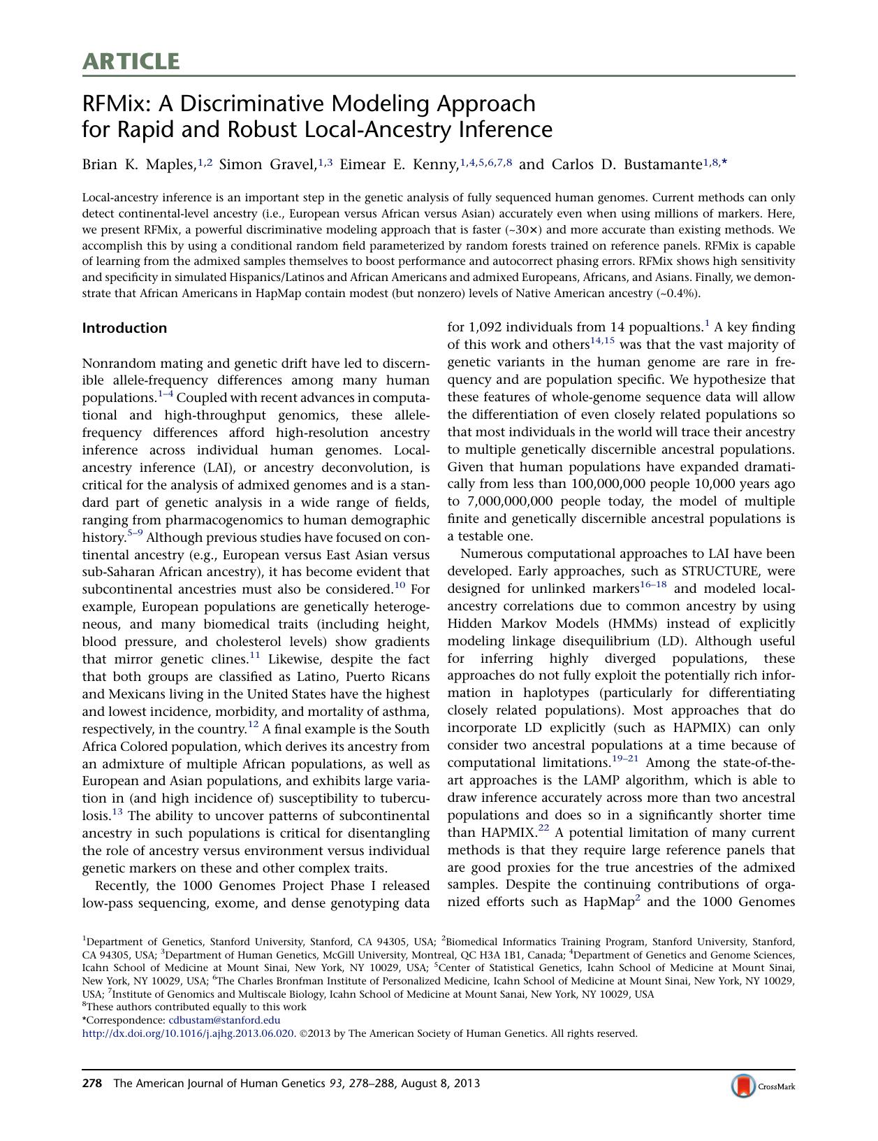 RFMix: A Discriminative Modeling Approach for Rapid and Robust Local-Ancestry Inference by Brian K. Maples & Simon Gravel & Eimear E. Kenny & Carlos D. Bustamante