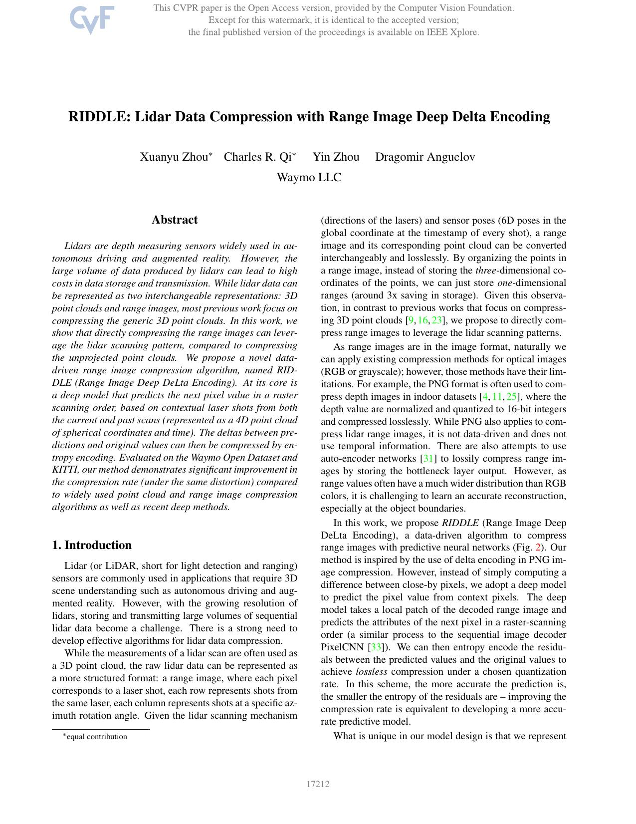 RIDDLE: Lidar Data Compression With Range Image Deep Delta Encoding by Xuanyu Zhou & Charles R. Qi & Yin Zhou & Dragomir Anguelov