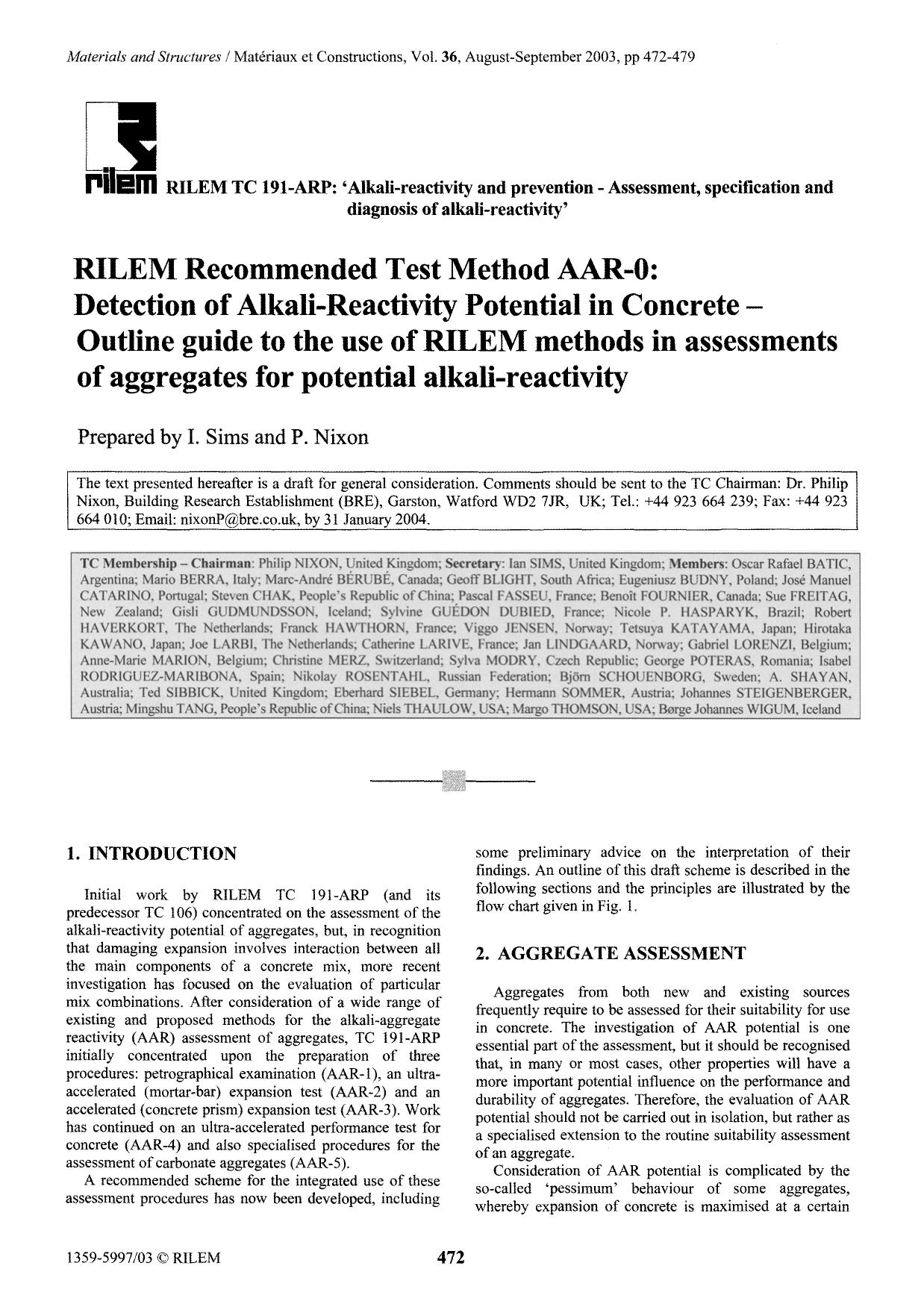 RILEM Recommended Test Method AAR-0: Detection of Alkali-Reactivity Potential in Concrete—Outline guide to the use of RILEM methods in assessments of aggregates for potential alkali-reactivity by Unknown