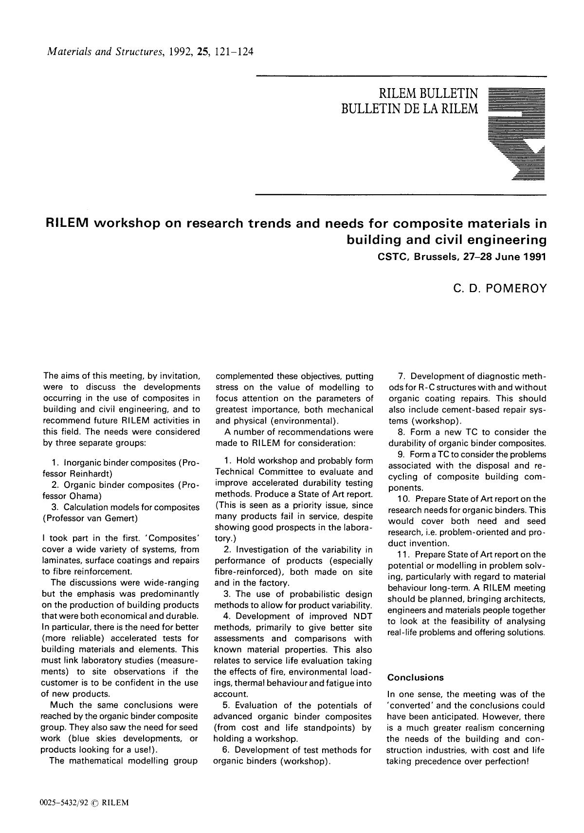 RILEM Workshop on Research Trends and Needs for Composite Materials in Building and Civil Engineering by Unknown
