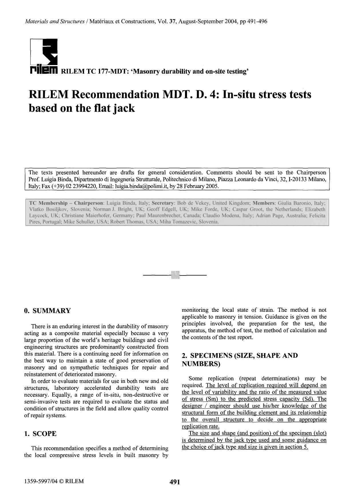 RILEM recommendation MDT. D. 4: In-situ stress tests based on the flat jack by Unknown