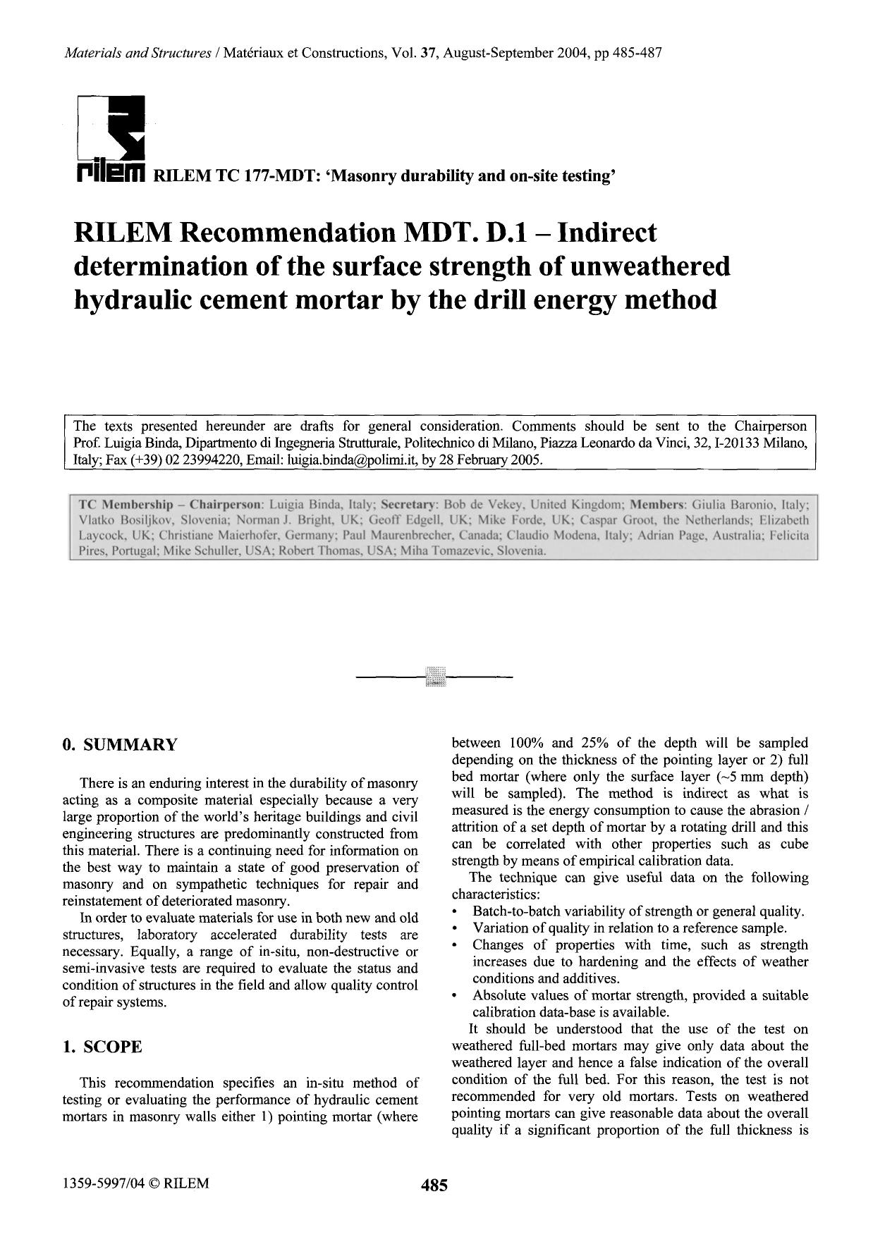 RILEM recommendation MDT. D.1—Indirect determination of the surface strength of unweathered hydraulic cement mortar by the drill energy method by Unknown