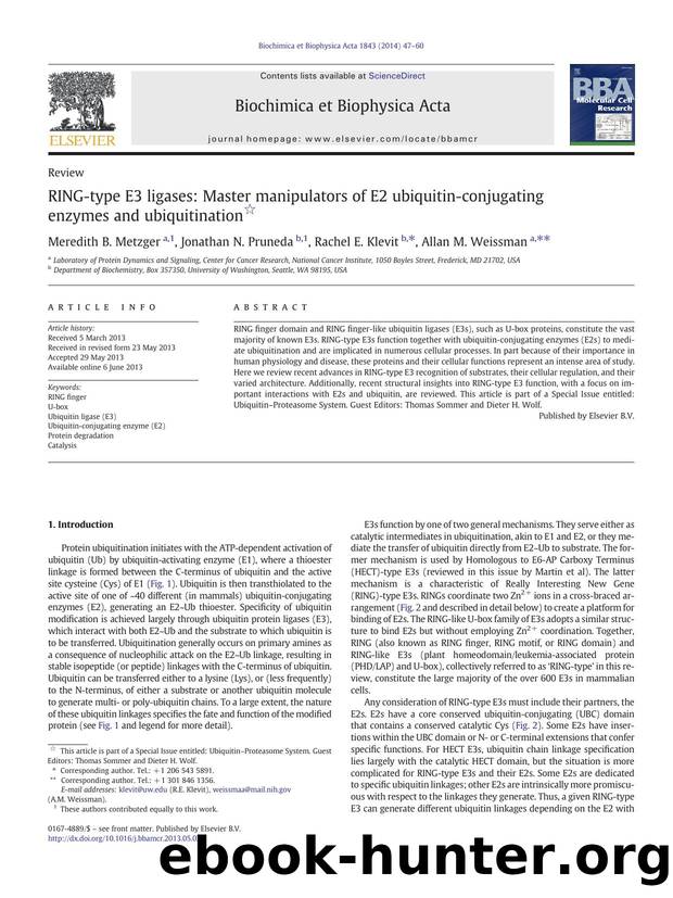 RING-type E3 ligases: Master manipulators of E2 ubiquitin-conjugating enzymes and ubiquitination by Meredith B. Metzger & Jonathan N. Pruneda & Rachel E. Klevit & Allan M. Weissman