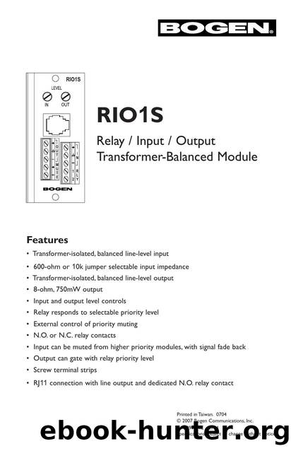 RIO1S Manual - Relay InputOutput Transformer-Balanced Module by John Britnell