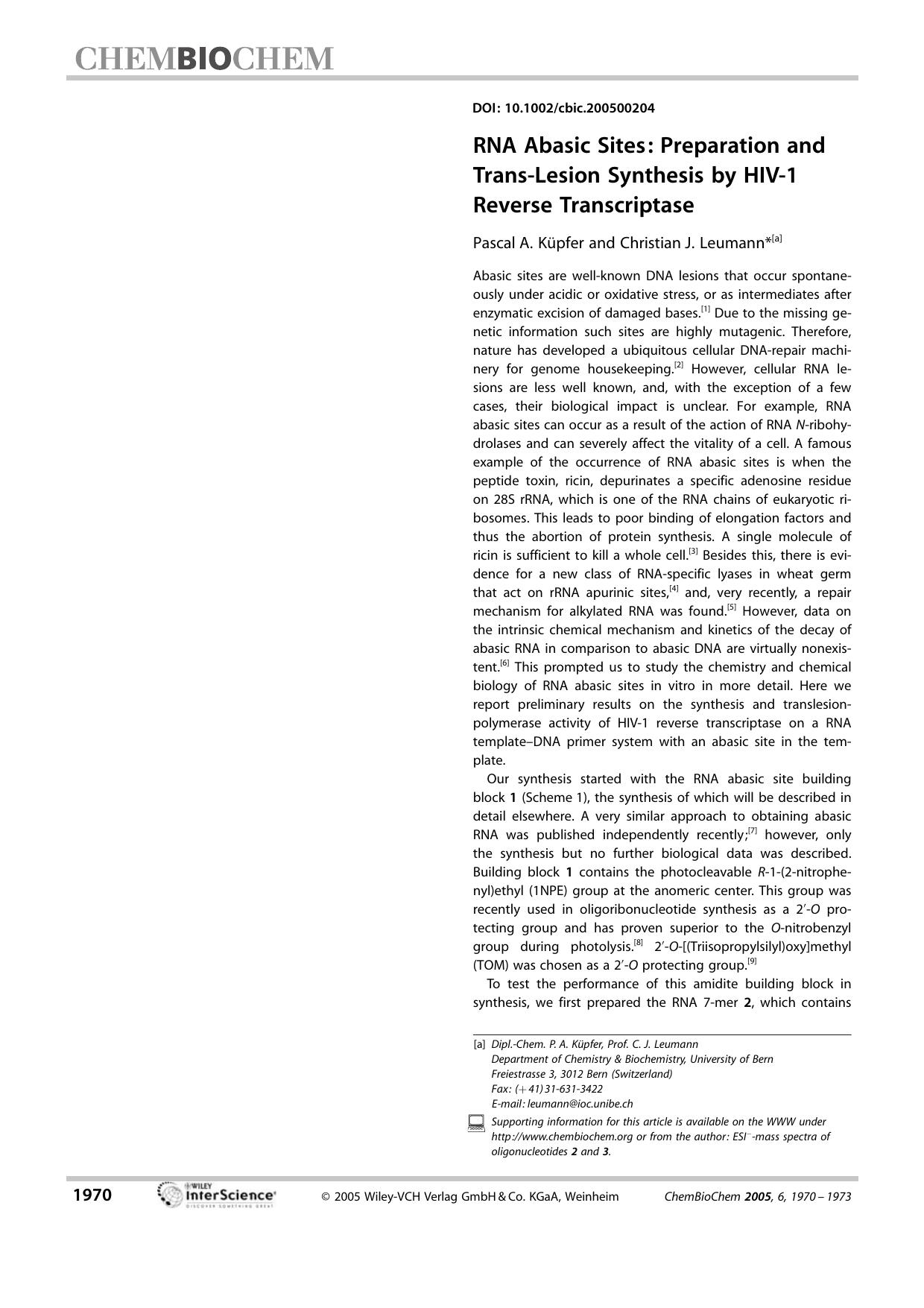 RNA Abasic Sites: Preparation and Trans-Lesion Synthesis by HIV-1 Reverse Transcriptase by Unknown