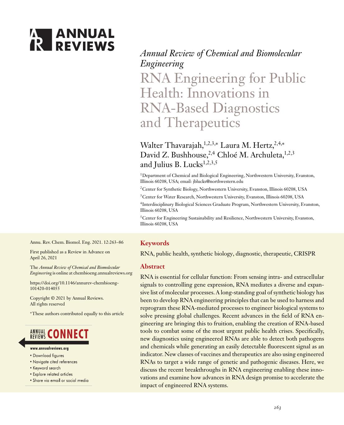 RNA Engineering for Public Health: Innovations in RNA-Based Diagnostics and Therapeutics by Walter Thavarajah Laura M. Hertz David Z. Bushhouse Chloé M. Archuleta Julius B. Lucks