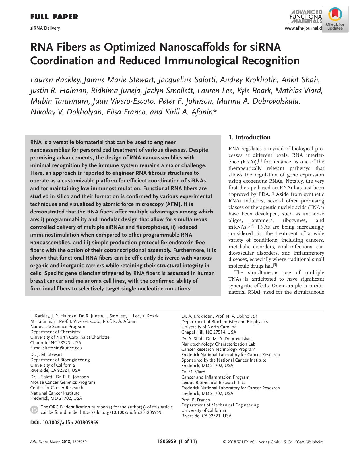 RNA Fibers as Optimized Nanoscaffolds for siRNA Coordination and Reduced Immunological Recognition by Unknown