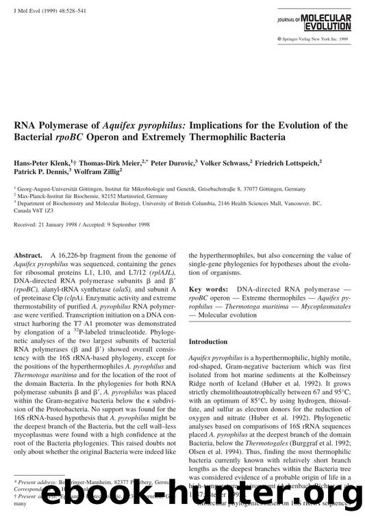 RNA Polymerase of Aquifex pyrophilus: Implications for the Evolution of the Bacterial rpoBC Operon and Extremely Thermophilic Bacteria by Klenk H.-P. et al