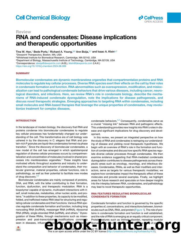 RNA and condensates: Disease implications and therapeutic opportunities by Tina W. Han & Bede Portz & Richard A. Young & Ann Boija & Isaac A. Klein