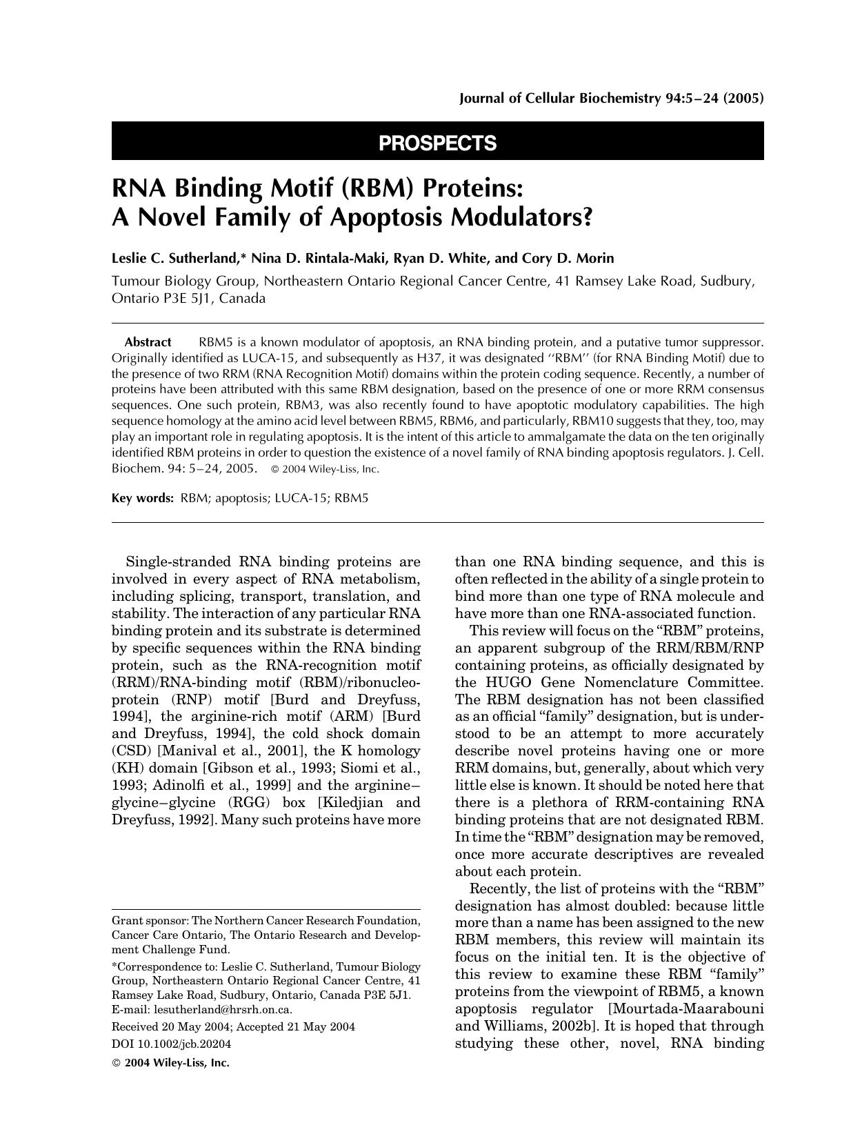 RNA binding motif (RBM) proteins: A novel family of apoptosis modulators? by Unknown