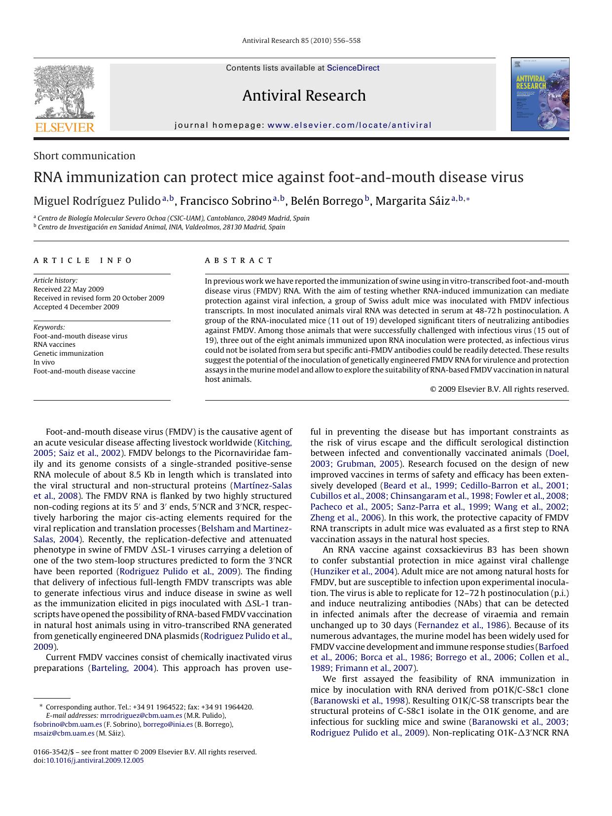 RNA immunization can protect mice against foot-and-mouth disease virus by Miguel RodrÃ­guez Pulido; Francisco Sobrino; BelÃ©n Borrego; Margarita SÃ¡iz