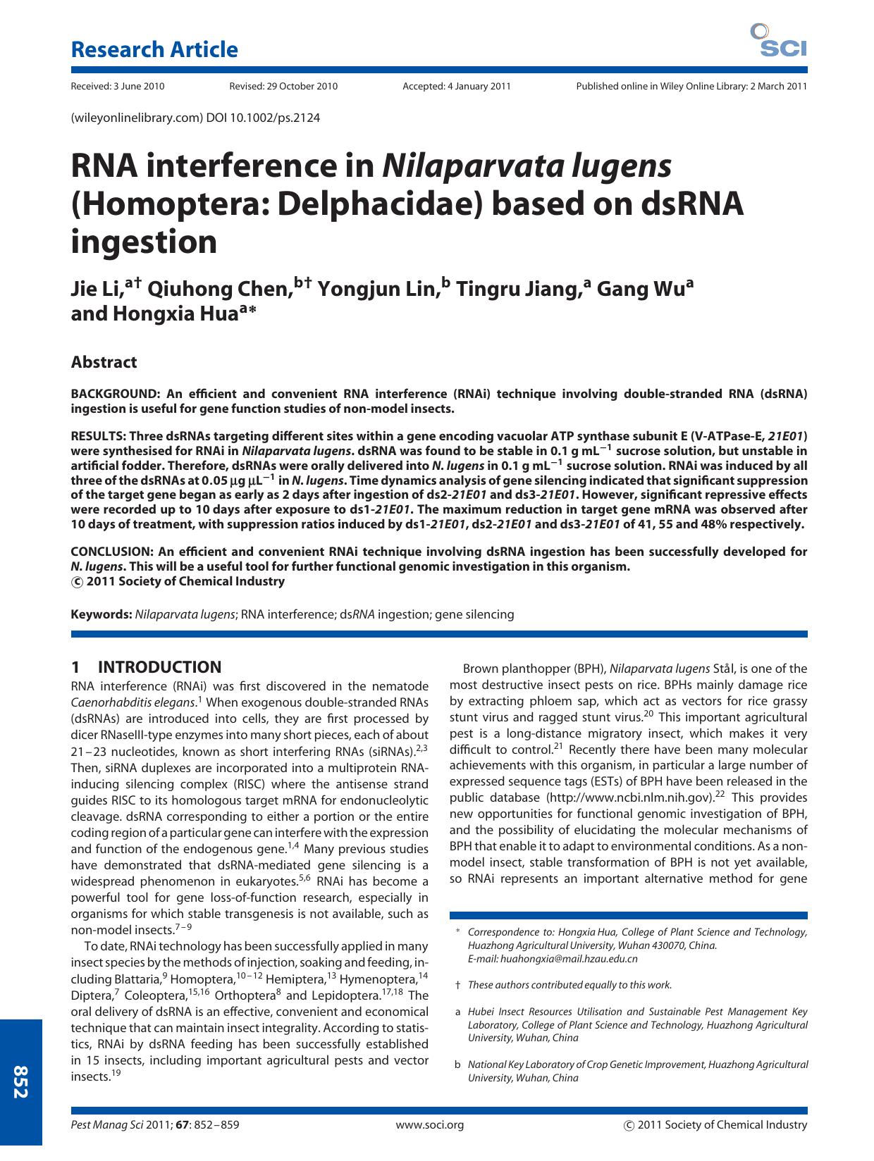 RNA interference in Nilaparvata lugens (Homoptera: Delphacidae) based on dsRNA ingestion by Unknown