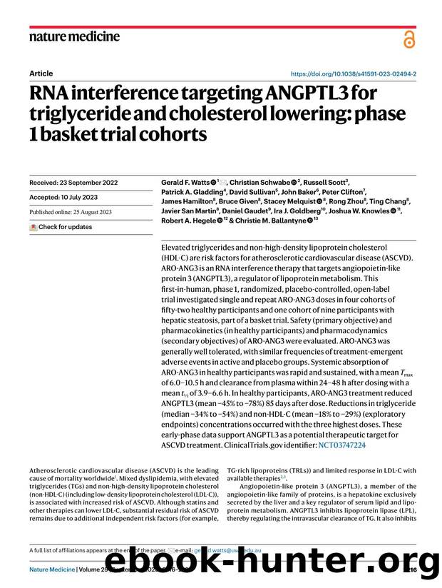RNA interference targeting ANGPTL3 for triglyceride and cholesterol lowering: phase 1 basket trial cohorts by unknow
