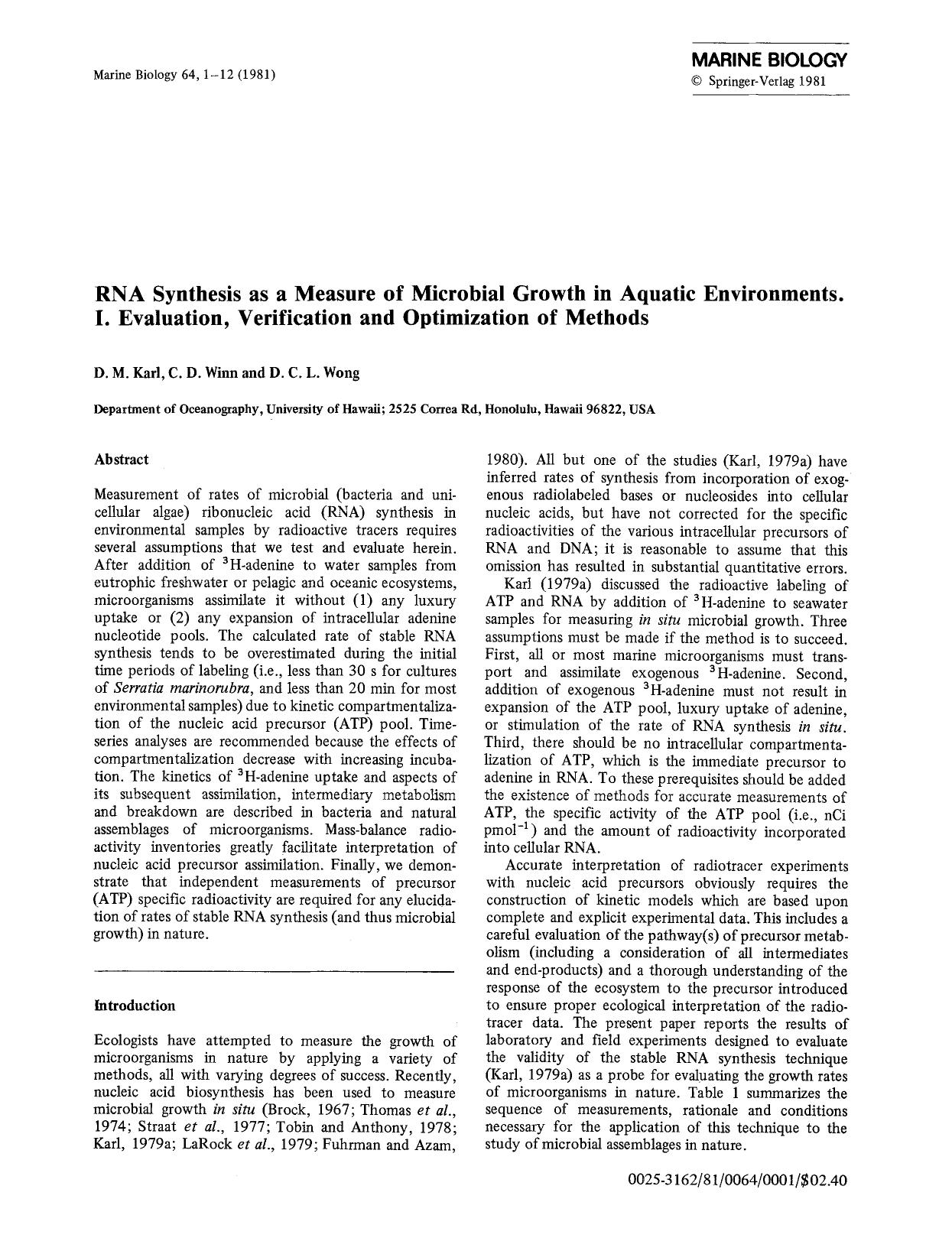RNA synthesis as a measure of microbial growth in aquatic environments. I. Evaluation, verification and optimization of methods by Unknown