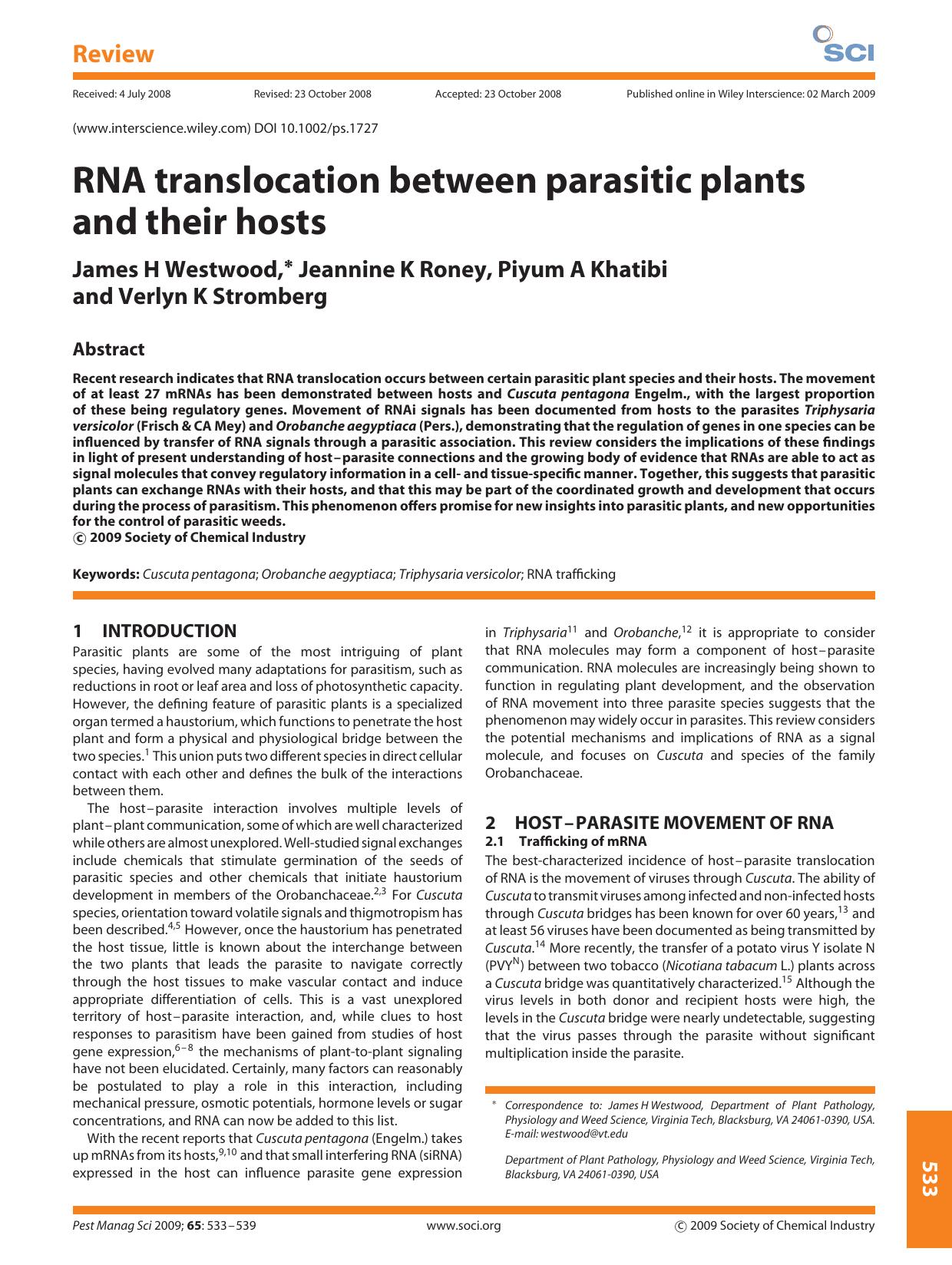 RNA translocation between parasitic plants and their hosts by Unknown