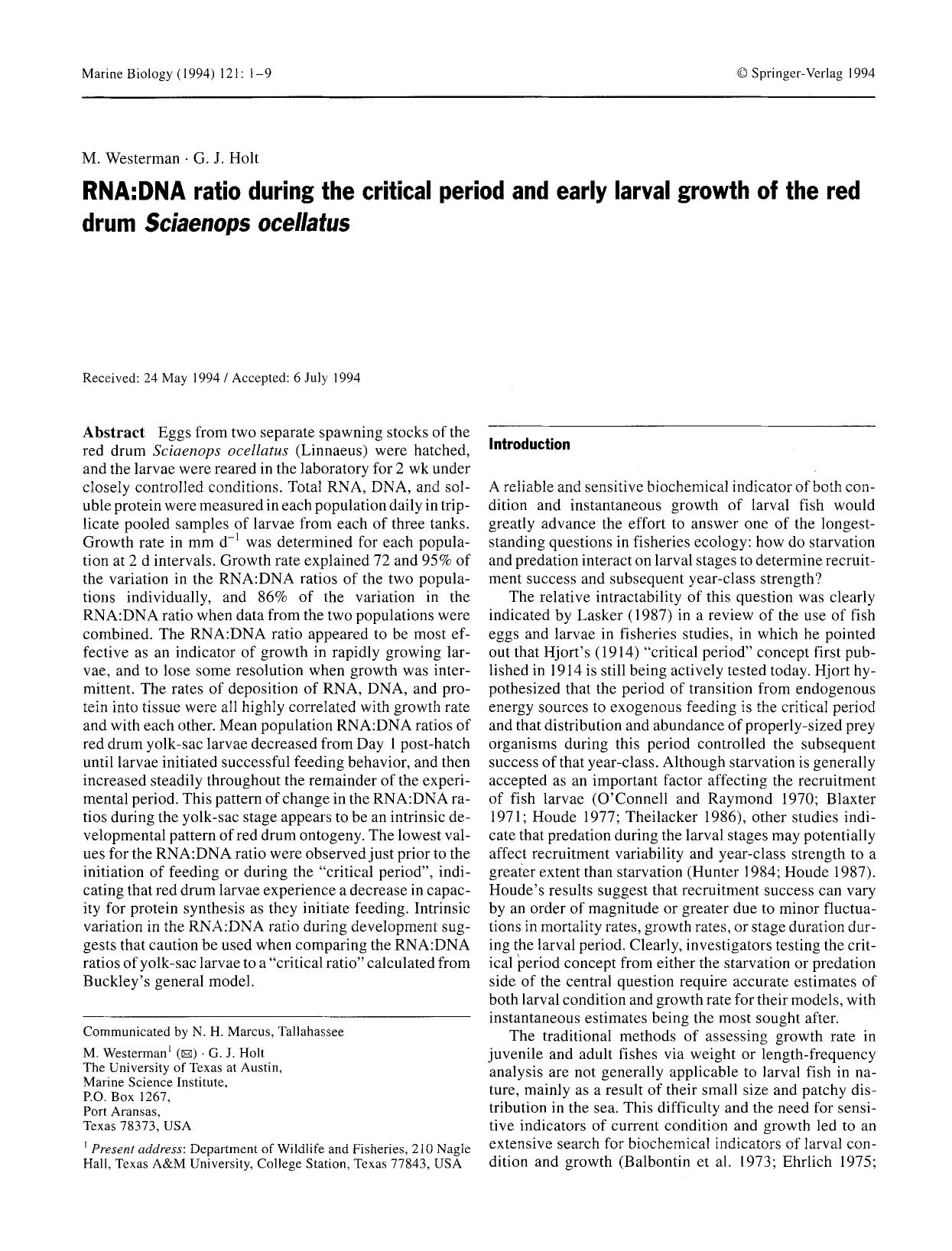 RNA:DNA ratio during the critical period and early larval growth of the red drum <Emphasis Type="Italic">Sciaenops ocellatus<Emphasis> by Unknown