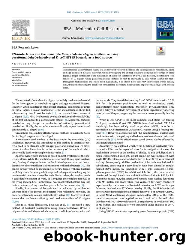 RNA-interference in the nematode Caenorhabditis elegans is effective using paraformaldehyde-inactivated E. coli HT115 bacteria as a food source by Stefan Baumanns & Daniel M. Beis & Uwe Wenzel