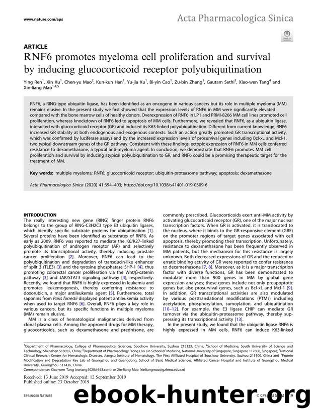RNF6 promotes myeloma cell proliferation and survival by inducing glucocorticoid receptor polyubiquitination by unknow