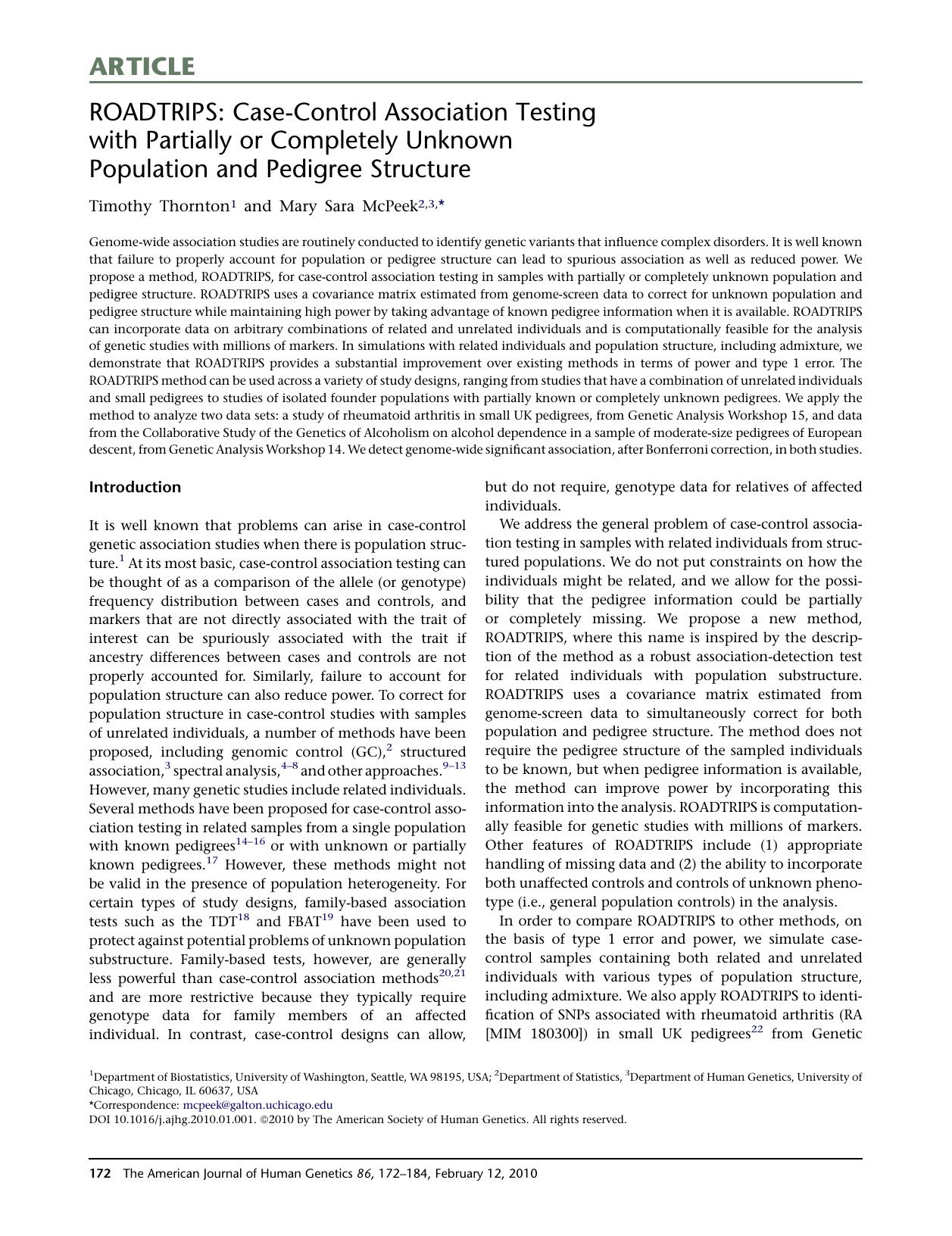 ROADTRIPS: Case-Control Association Testing with Partially or Completely Unknown Population and Pedigree Structure by Timothy Thornton; Mary Sara McPeek