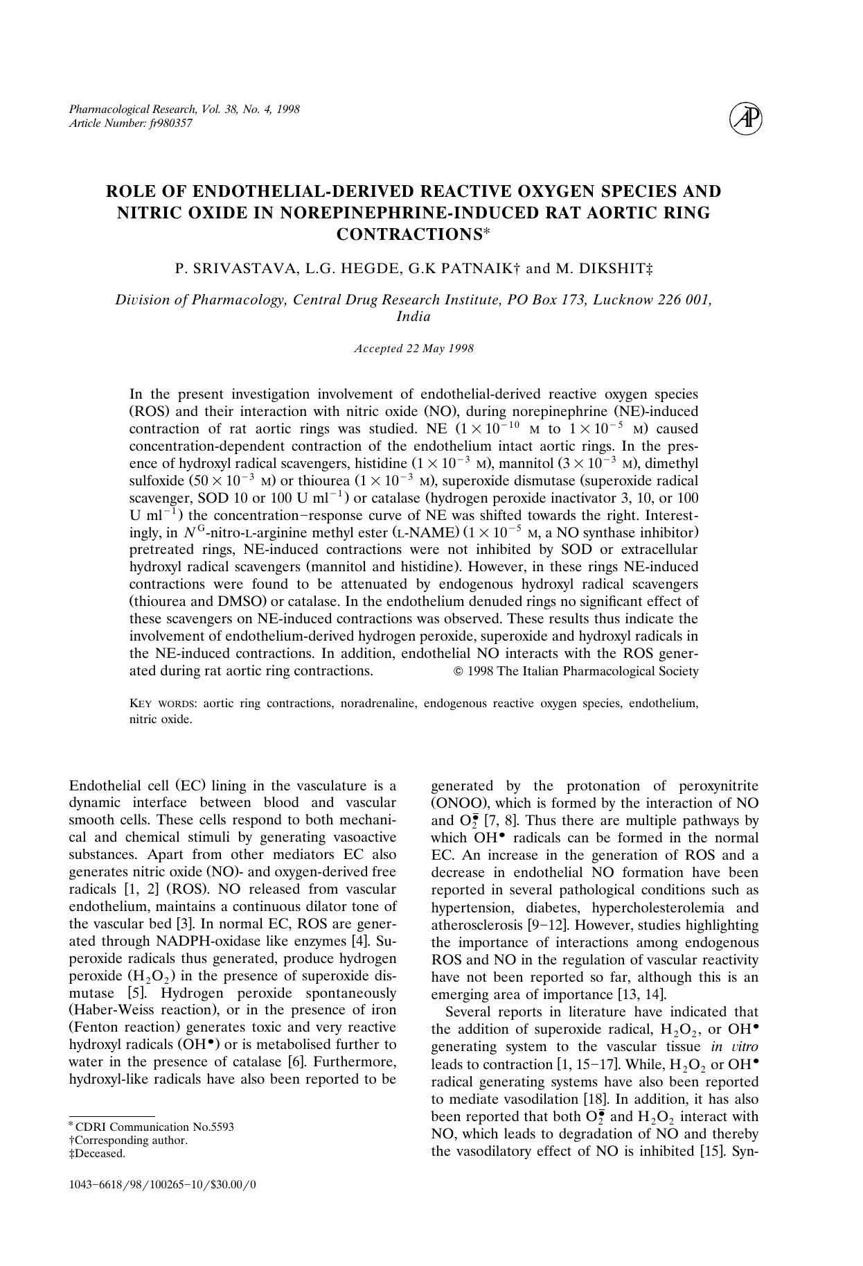 ROLE OF ENDOTHELIAL -DERIVED REACTIVE OXYGEN SPECIES AND NITRIC OXIDE IN NOREPINEPHRINE-INDUCED RAT AORTIC RING CONTRACTIONS by SRIVASTAVA P. et al