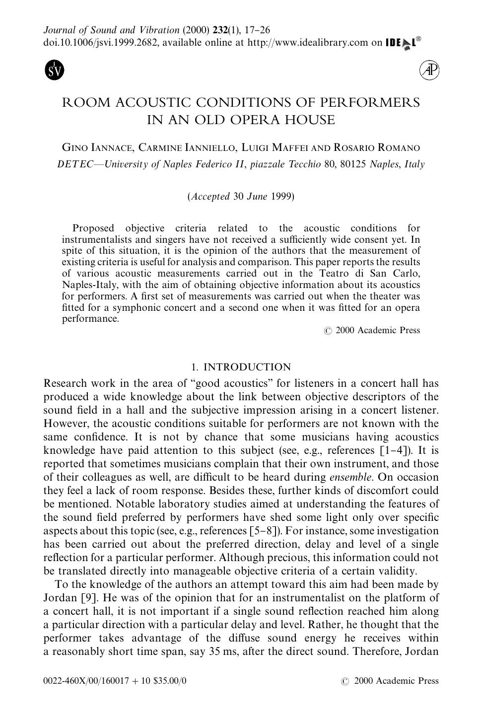 ROOM ACOUSTIC CONDITIONS OF PERFORMERS IN AN OLD OPERA HOUSE by IANNACE G. et al
