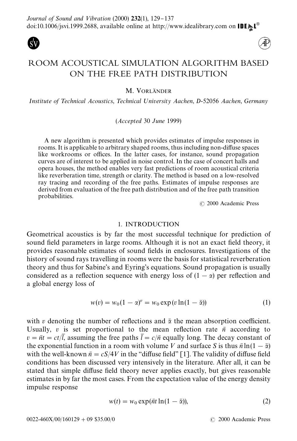 ROOM ACOUSTICAL SIMULATION ALGORITHM BASED ON THE FREE PATH DISTRIBUTION by VORLAGNDER M