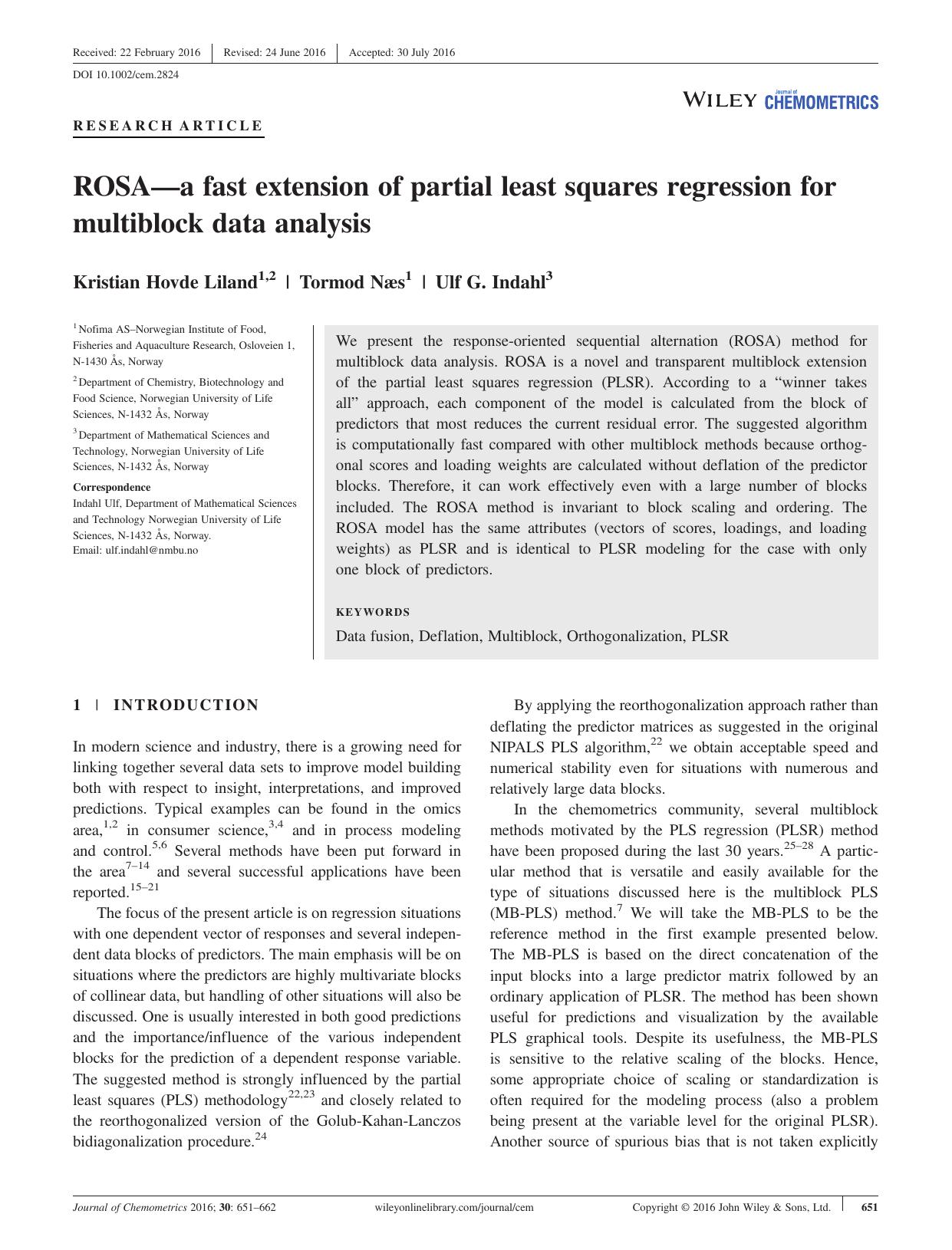 ROSAâa fast extension of partial least squares regression for multiblock data analysis by Kristian Hovde Liland Tormod Næs Ulf G. Indahl