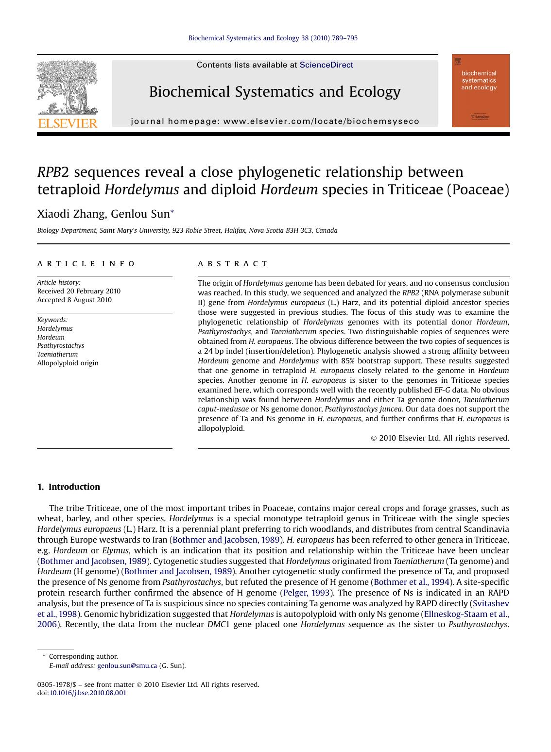 RPB2 sequences reveal a close phylogenetic relationship between tetraploid Hordelymus and diploid Hordeum species in Triticeae (Poaceae) by Xiaodi Zhang & Genlou Sun