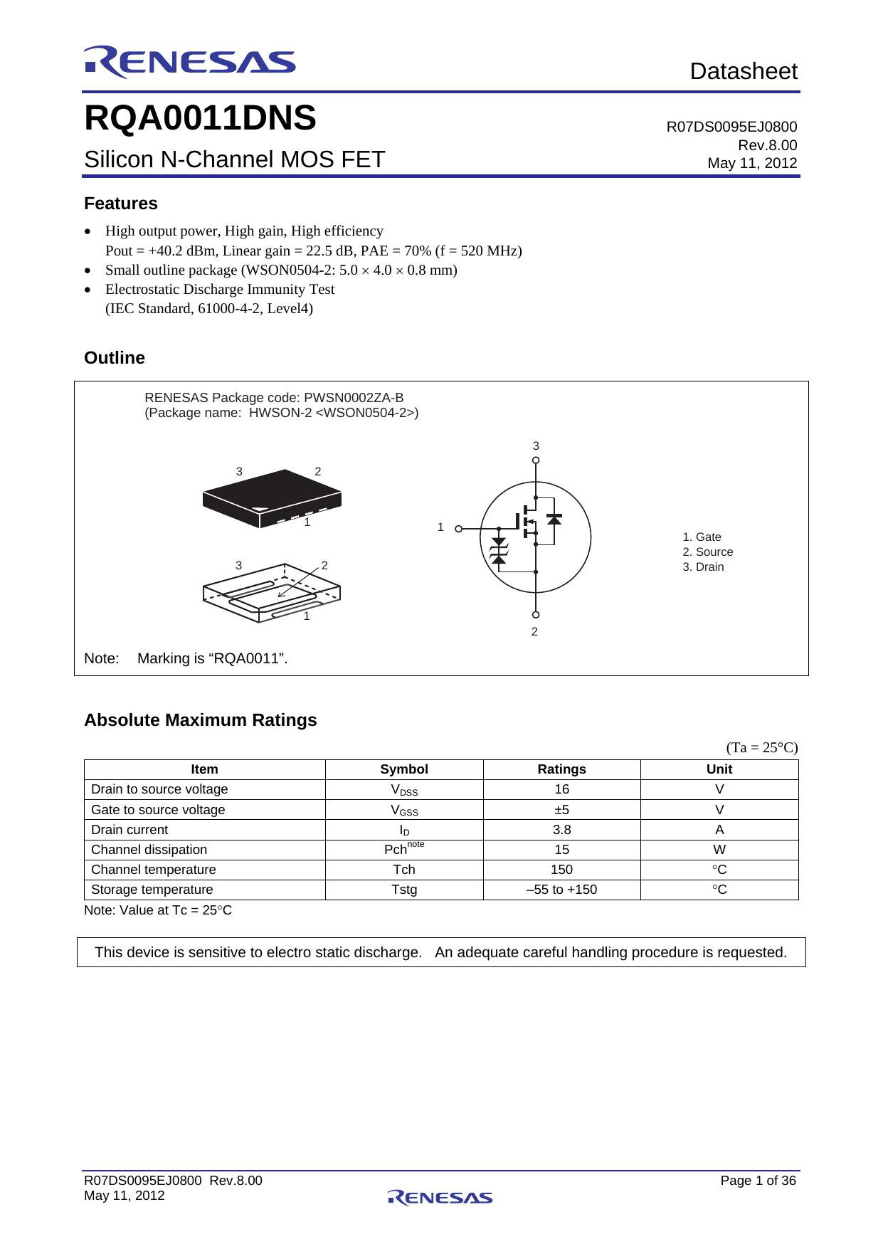 RQA0011DNS Data Sheet by Renesas Electronics Corporation