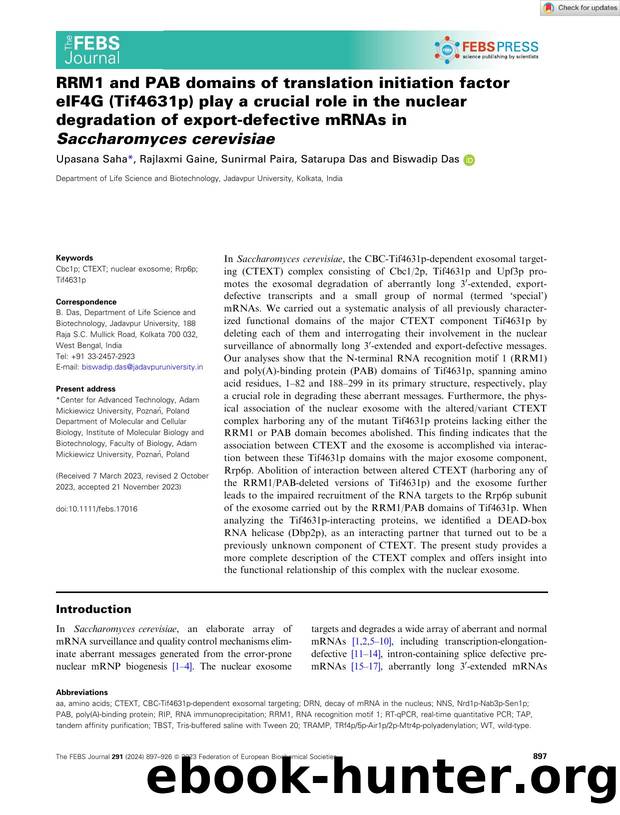 RRM1 and PAB domains of translation initiation factor eIF4G (Tif4631p) play a crucial role in the nuclear degradation of exportâdefective mRNAs in Saccharomyces cerevisiae by Unknown