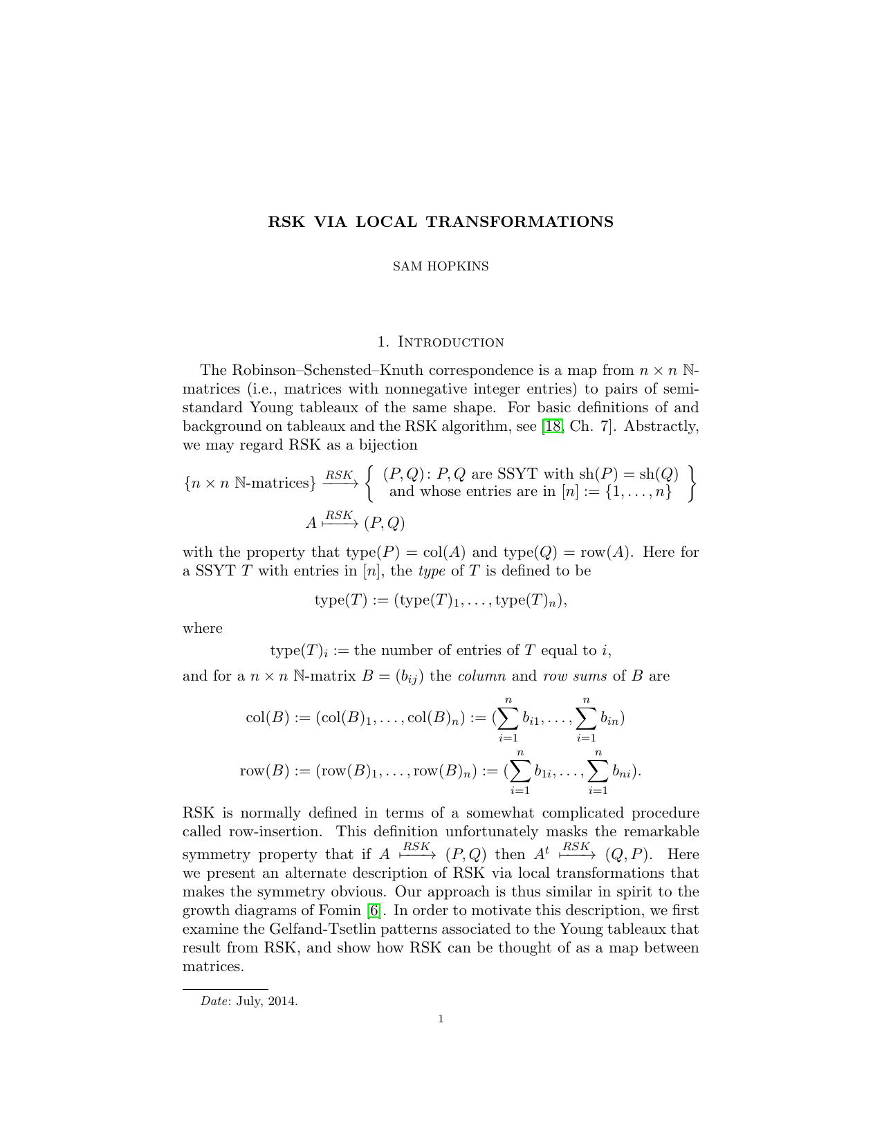RSK via local transformations [expository notes] by Sam Hopkins