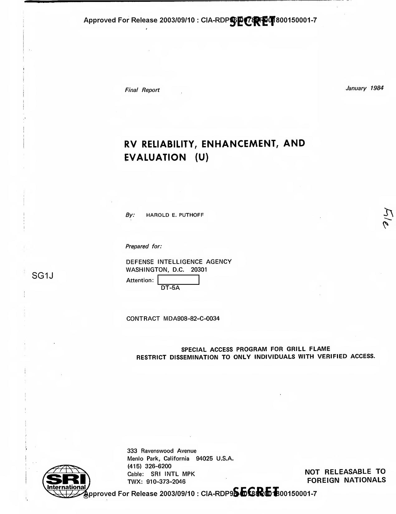 RV Reliability Enhancement and Evaluation Harold E. Puthoff Jan 84 by Central Intelligence Agency